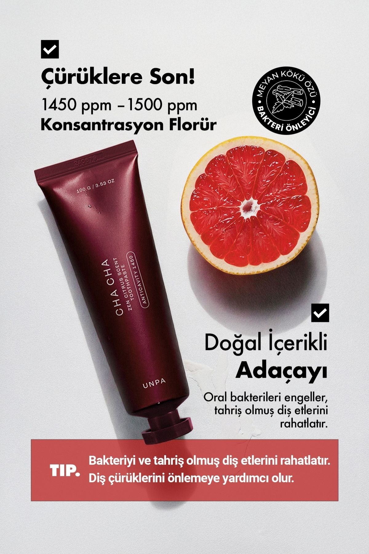 Florür İçeren Greyfurt Tazeleyici Vegan Kore Diş Macunu UNPA Cha Cha Zen Citrus Scent Toothpaste