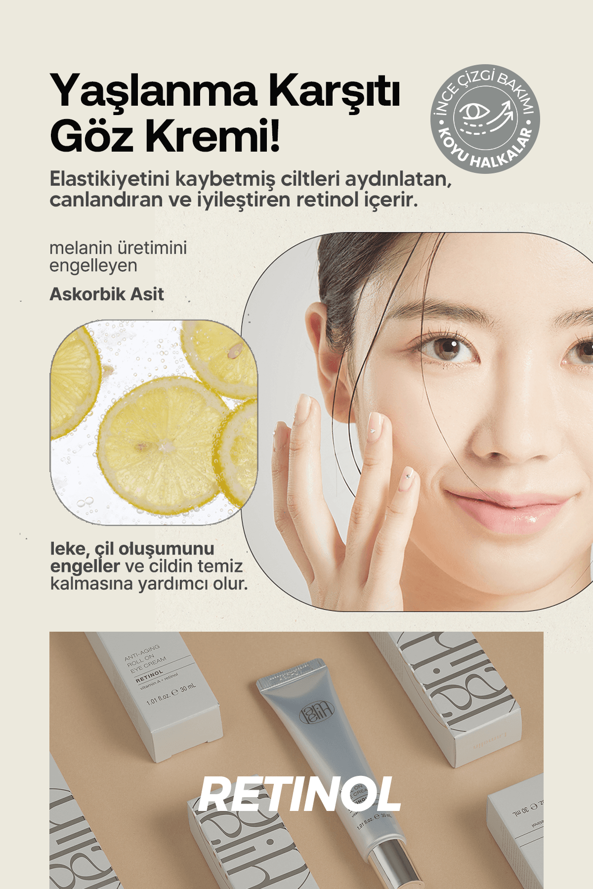 Milia ve Leke Karşıtı 3'lü Masaj Başlıklı Retinol Göz Kremi Lamelin Roll On Retinol Eye Cream