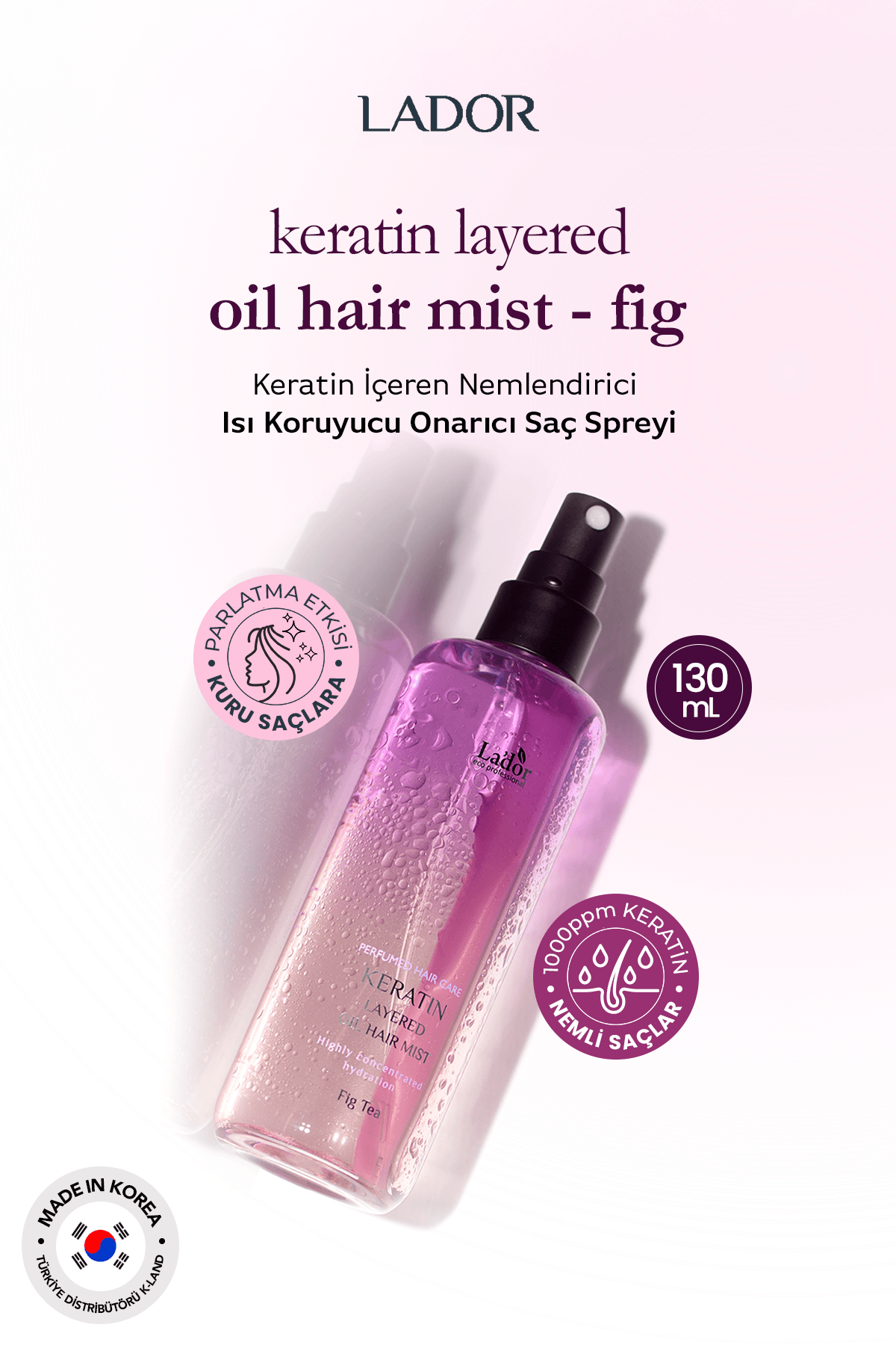 Keratin İçeren Nemlendirici ve Isı Koruyucu Onarıcı Saç Spreyi LADOR Keratin Oil Mist Fig