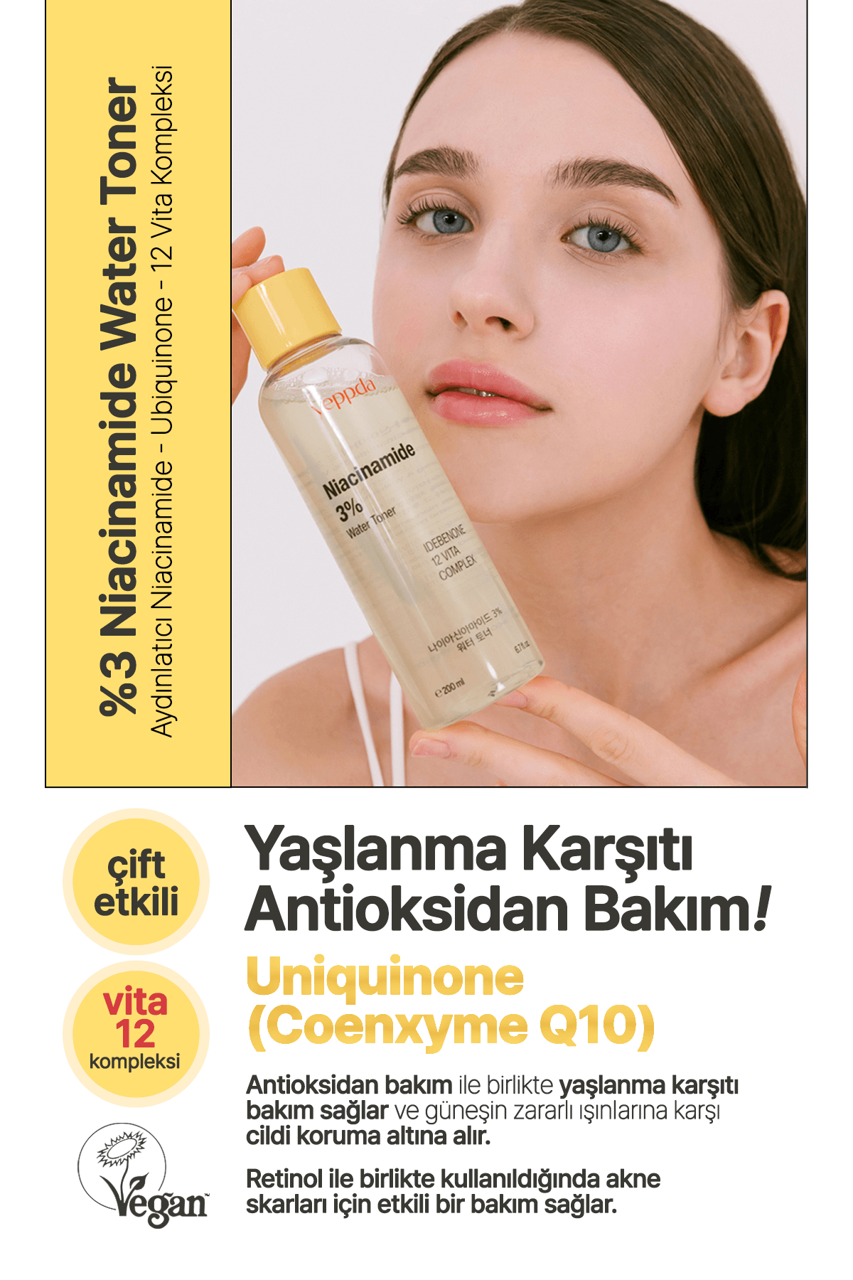 %3 Niacinamide İçeren Aydınlatıcı Vegan Tonik Yeppda Niacinamide %3 Water Toner 200ml
