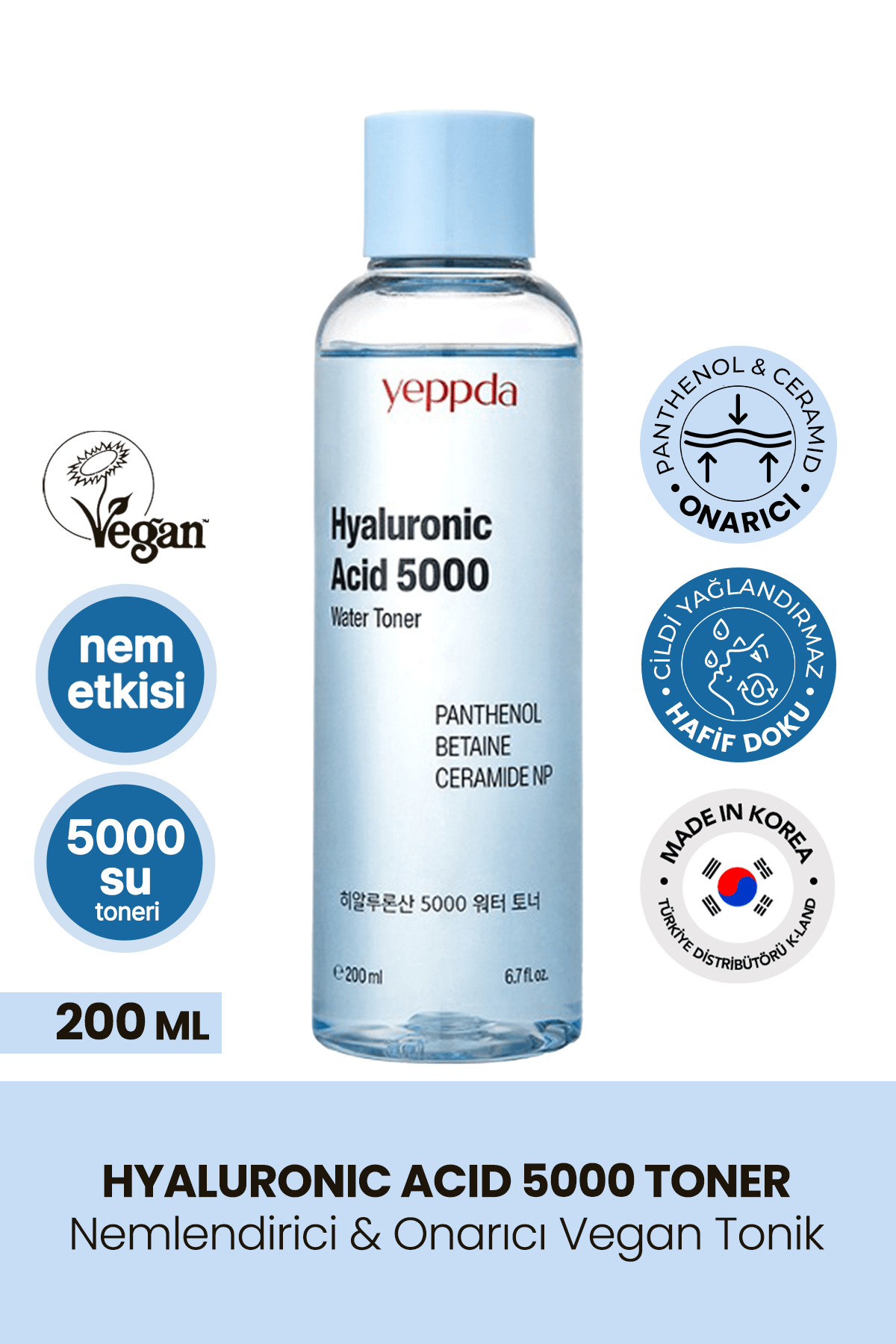 Nemlendirici Hyalüronik Asit İçeren Vegan Tonik Yeppda Hyaluronic Acid 5000 Water Toner 200ml