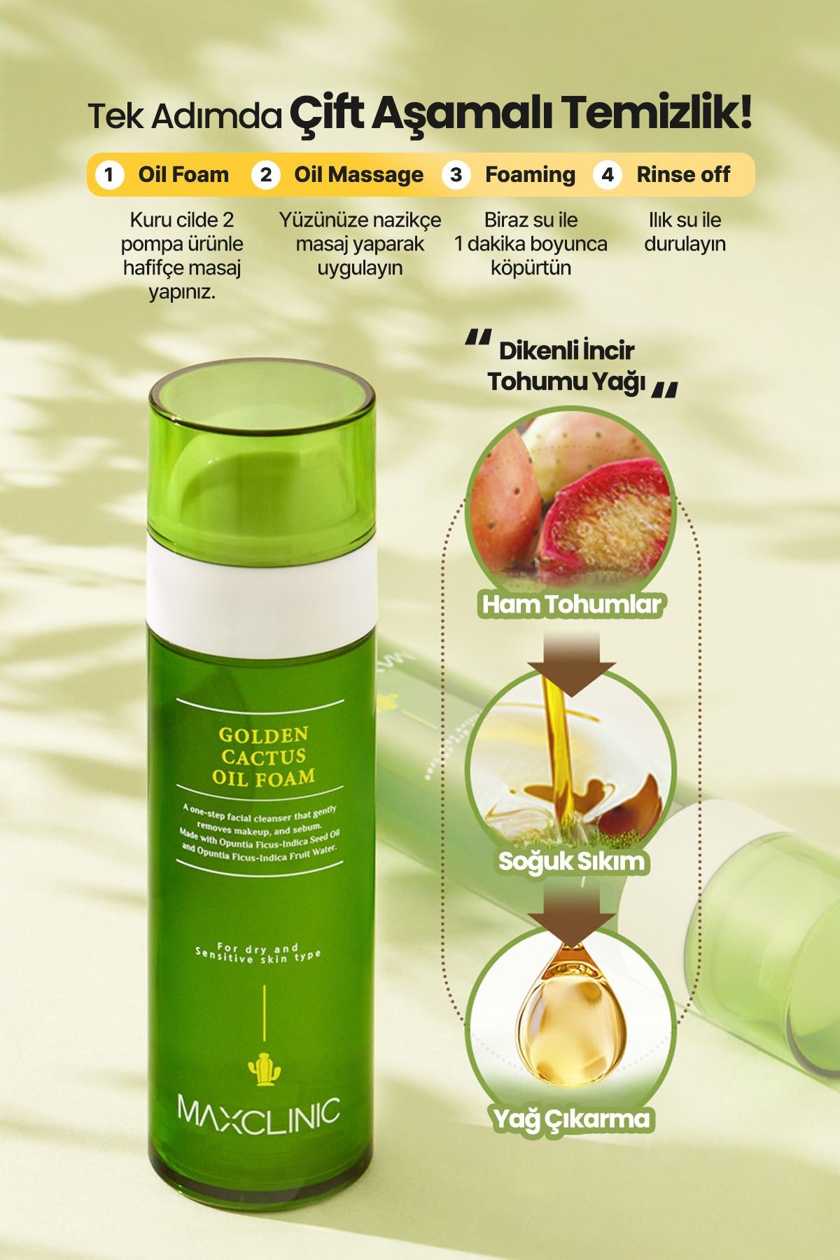 Kaktüs Meyvesi Özü İçeren Tek Adımda Çift Aşamalı Temizlik Sağlayan Maxclinic Golden Cactus Oil Foam