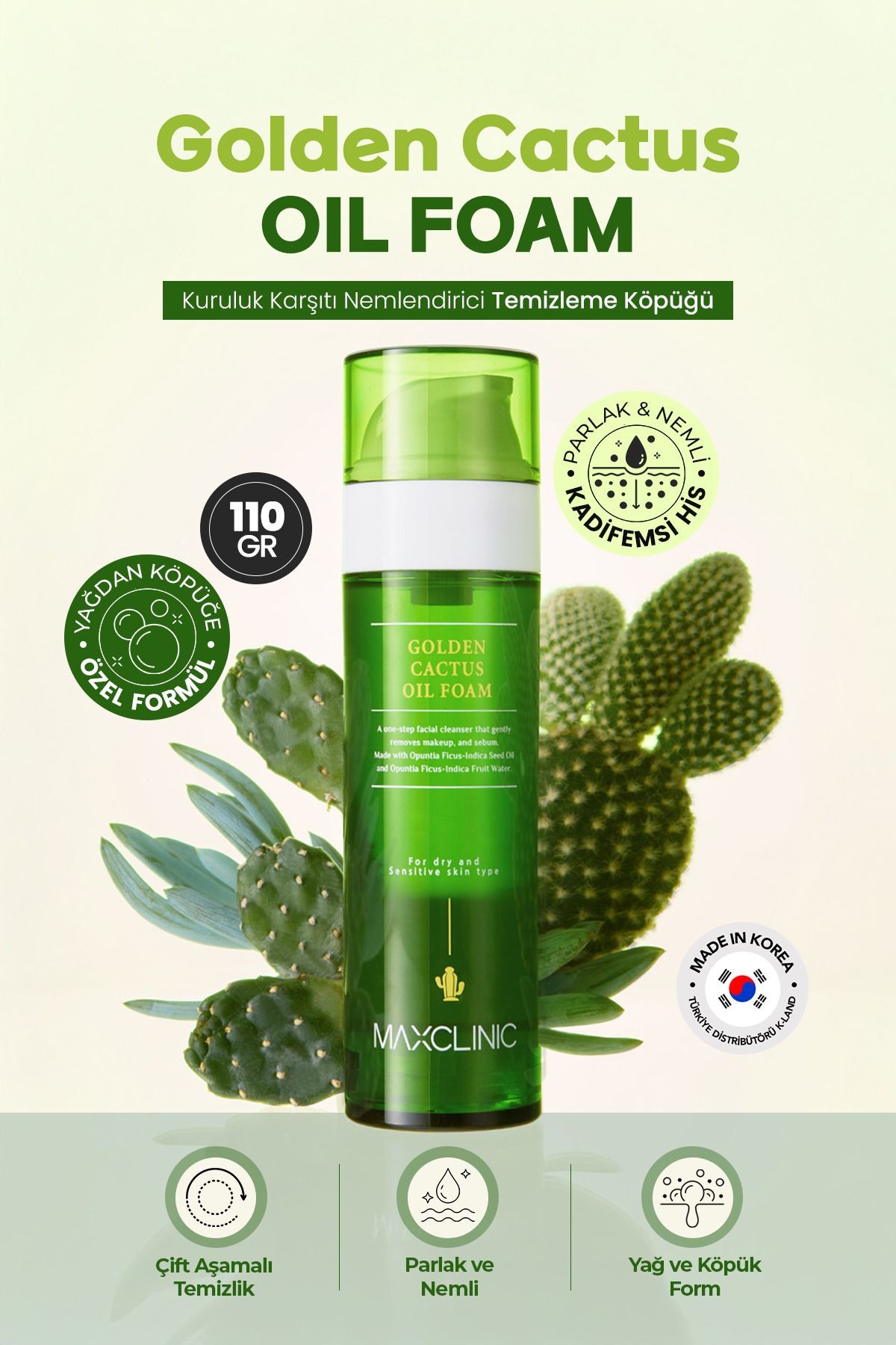 Kaktüs Meyvesi Özü İçeren Tek Adımda Çift Aşamalı Temizlik Sağlayan Maxclinic Golden Cactus Oil Foam