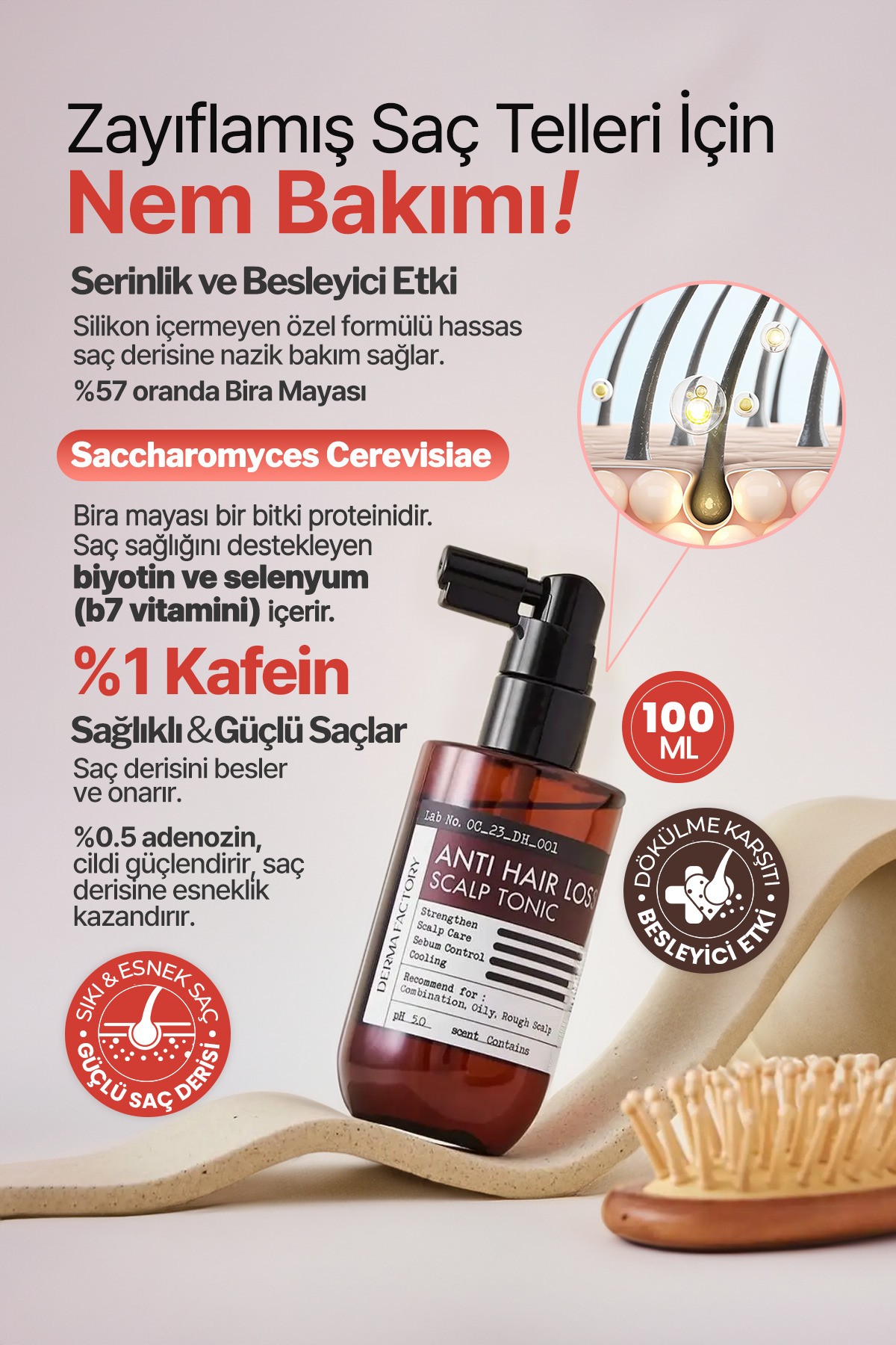 Maya ve Kafein İçeren Saç Dökülmesi Karşıtı Tonik Derma Factory Anti Hair Loss Scalp Tonic 100ml