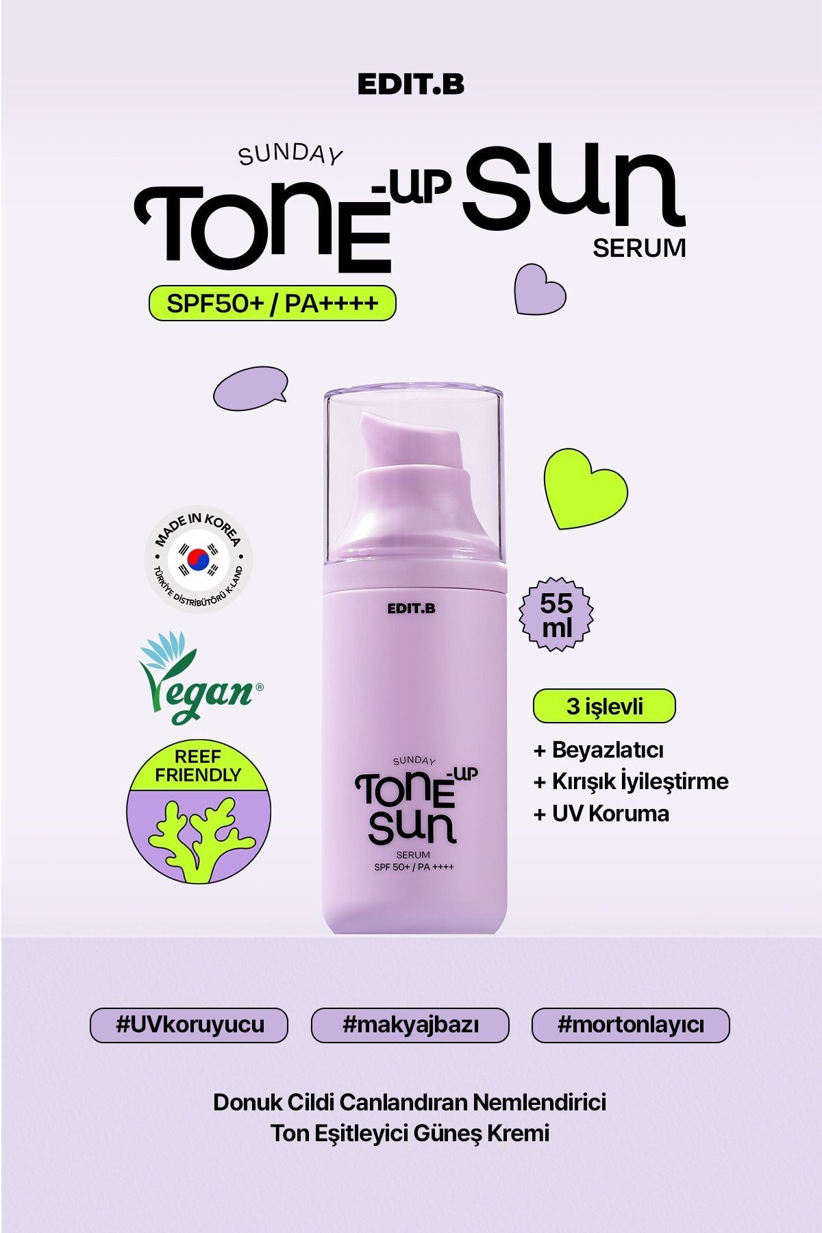 Makyaj Bazı Olarak Da Kullanılabilen Nemlendirici Aydınlatıcı Etkili Edıt.b Tone-up Sun Serum Spf50