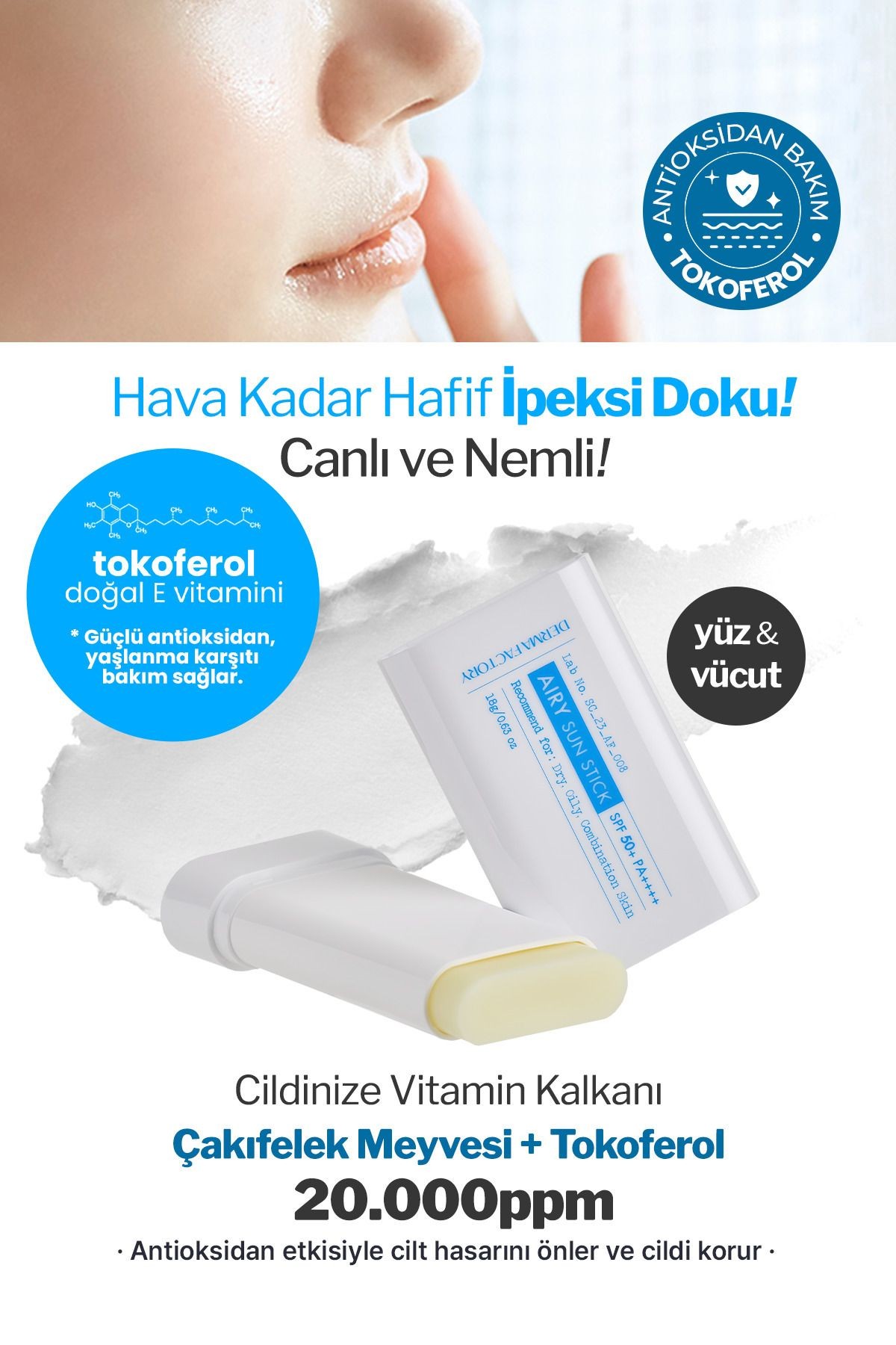 Yağlı ve Karma Ciltler İçin Mat Stick Güneş Koruyucu Derma Factory Airy Sun Stick SPF 50+ PA++++