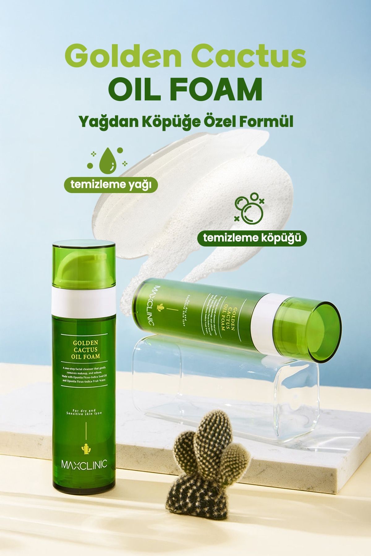 Kaktüs Meyvesi Özü İçeren Tek Adımda Çift Aşamalı Temizlik Sağlayan Maxclinic Golden Cactus Oil Foam