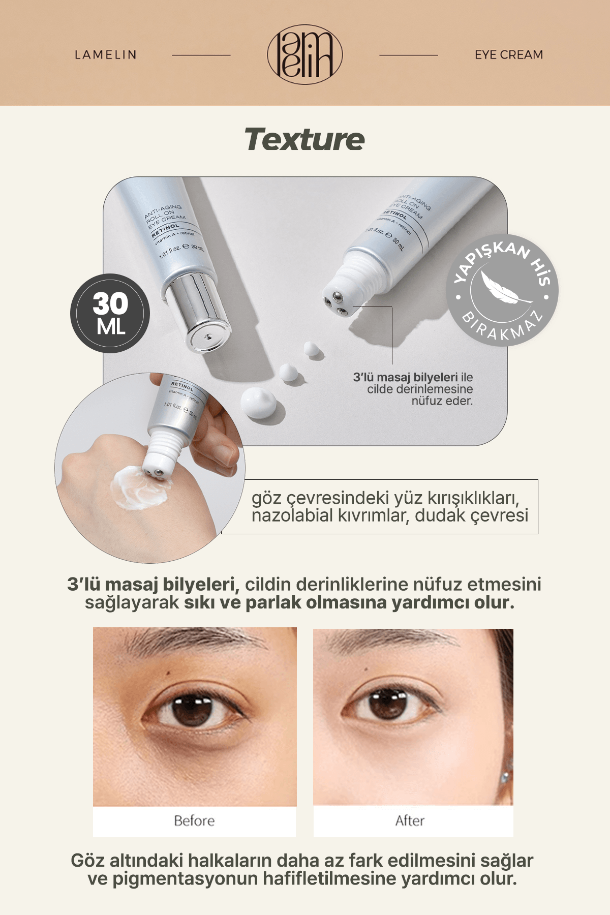 Milia ve Leke Karşıtı 3'lü Masaj Başlıklı Retinol Göz Kremi Lamelin Roll On Retinol Eye Cream