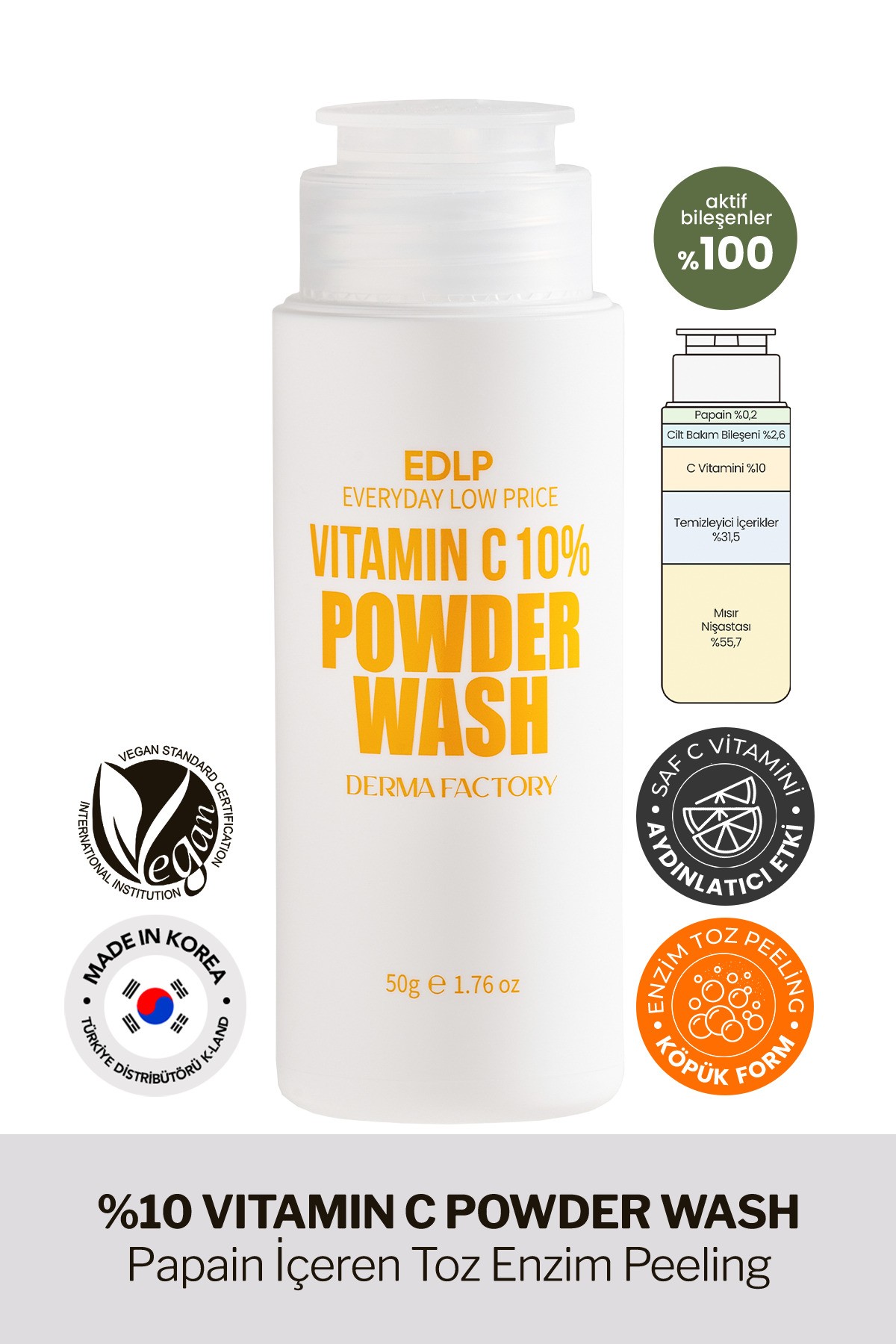 %10 C Vitamini İçeren Toz Enzim Peeling Derma Factory Vitamin C Powder Wash Yüz Peelingi 50gr