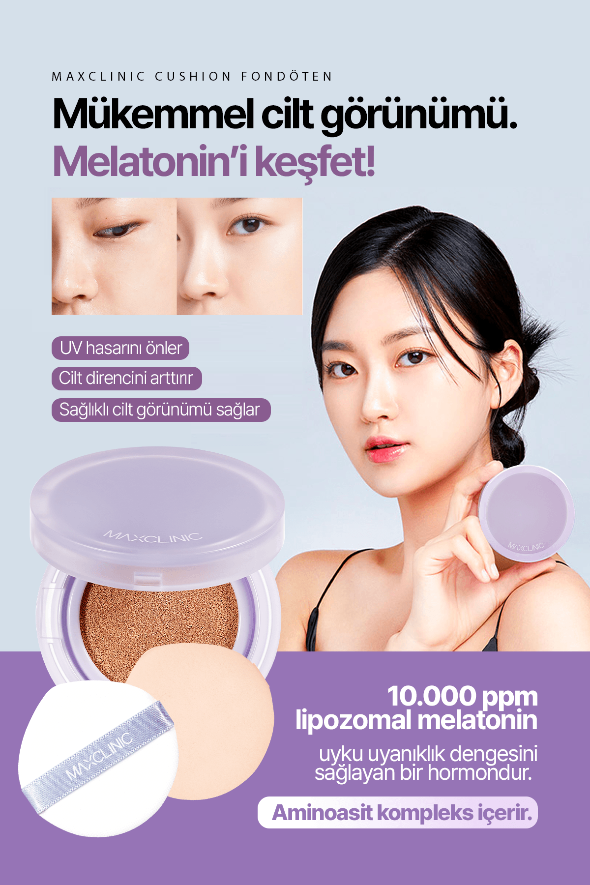 Melatonin İçeren Cushion Fondöten MAXCLINIC Luminous Cushion Foundation SPF 50 + / PA ++++