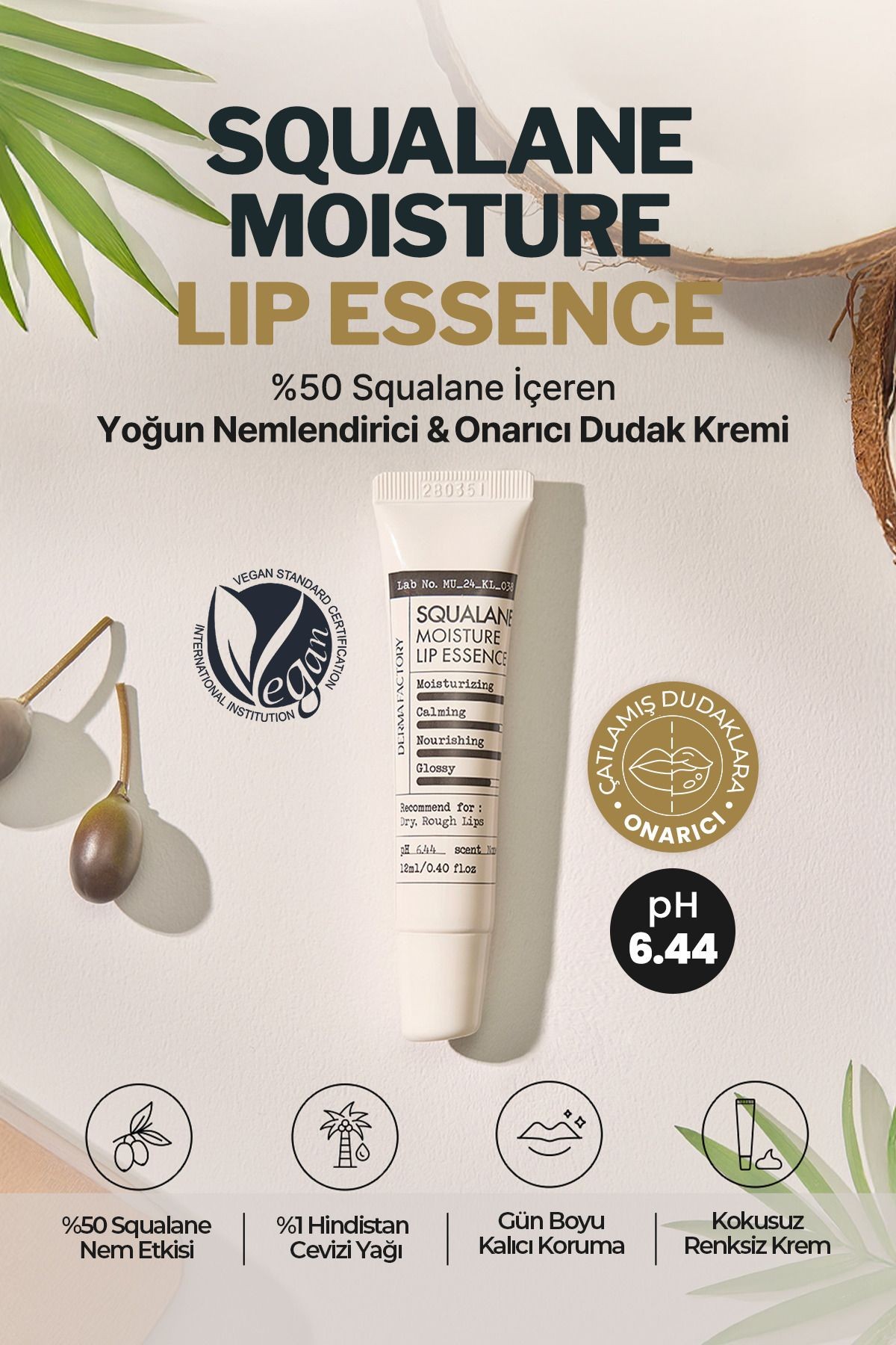 %50 Squalane İçeren Yoğun Nemlendirici ve Onarıcı Dudak Kremi Derma Factory Lip Essence