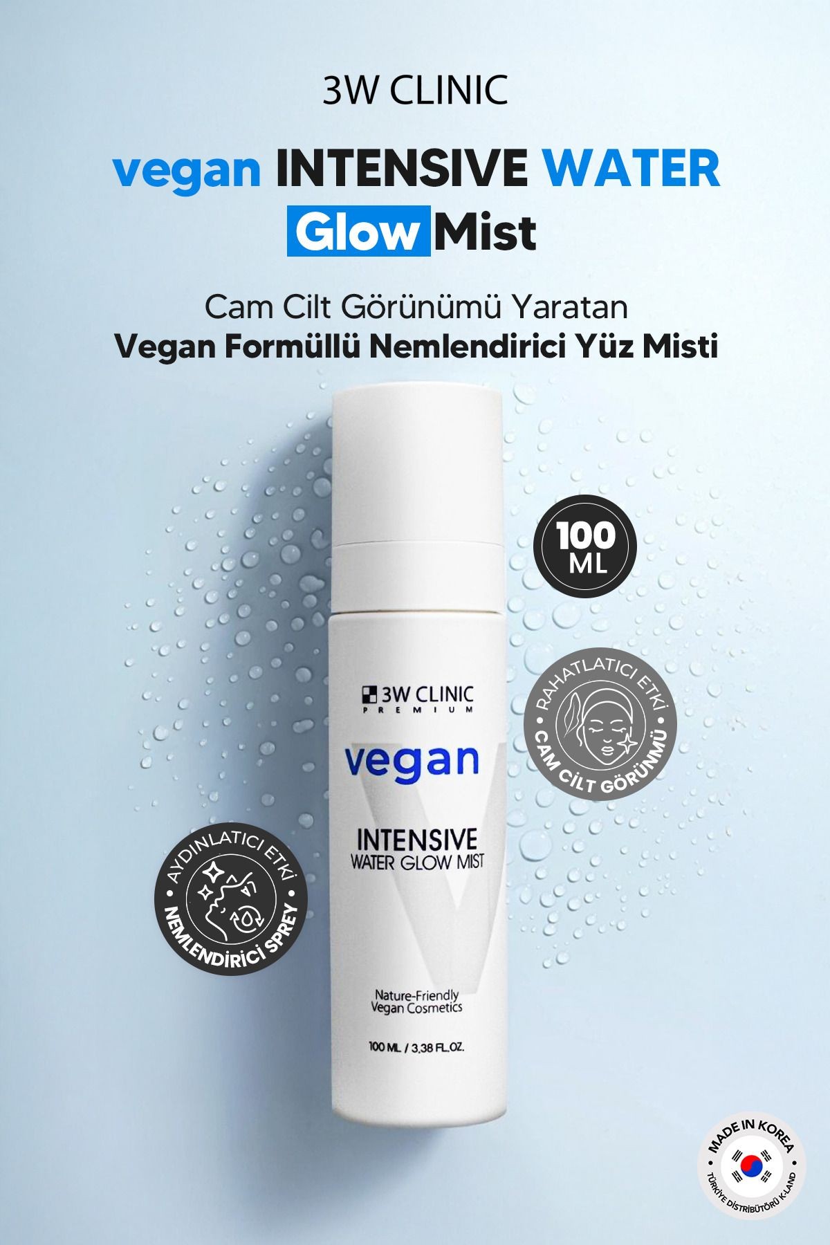 Cam Cilt Görünümü Yaratan Vegan Nemlendirici Yüz Misti 3W CLINIC Vegan Water Glow Mist 100ml