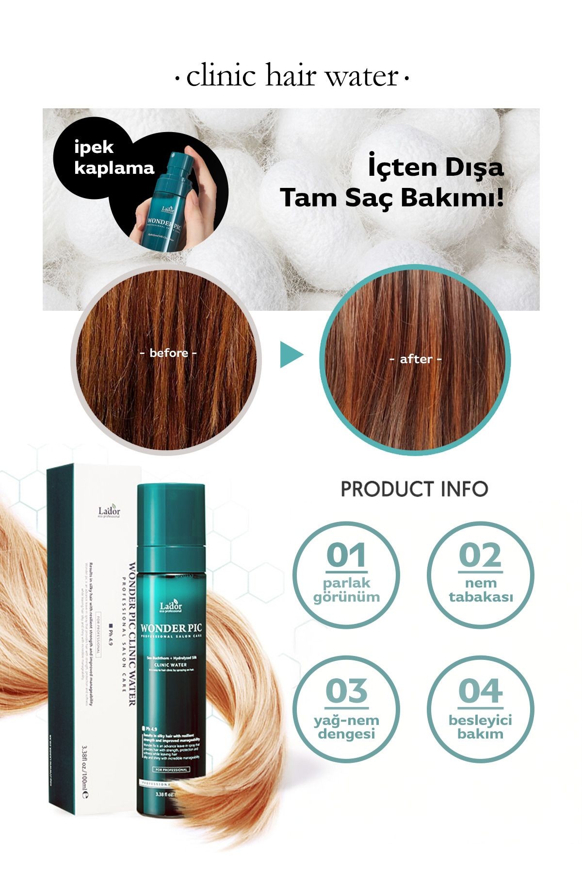 Hasarlı Saçlar İçin Kurutma ve Kimyasal İşlem Öncesi Saç Koruyucu Sprey Lador Wonder Pic Hair Water