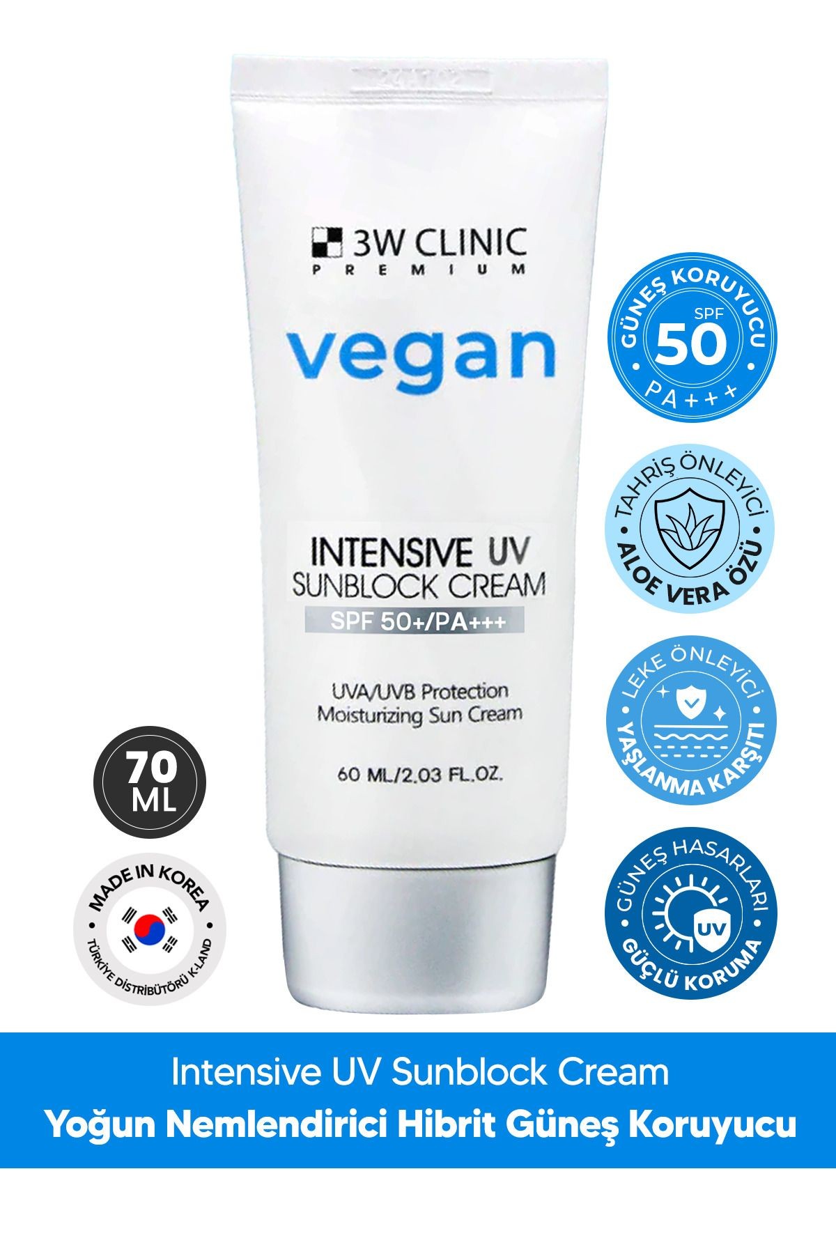 Yoğun Nemlendirme Etkili Vegan Hibrit Güneş Kremi SPF 50 PA +++ 3W CLINIC Premium Vegan UV Sun 60ml