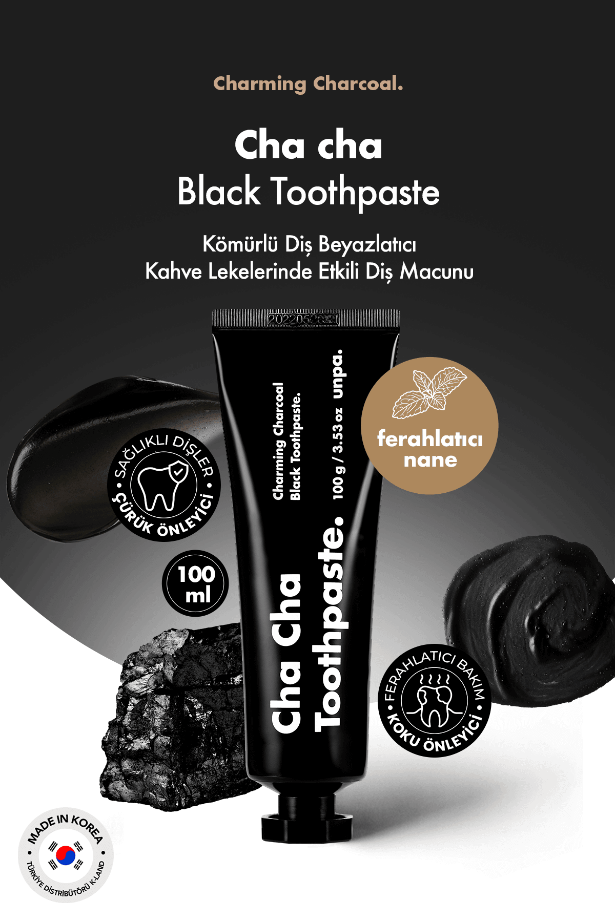 Kömürlü Vegan Diş Beyazlatıcı Kahve Lekelerinde Etkili Kore Diş macunu UNPA Cha Cha Black Toothpaste