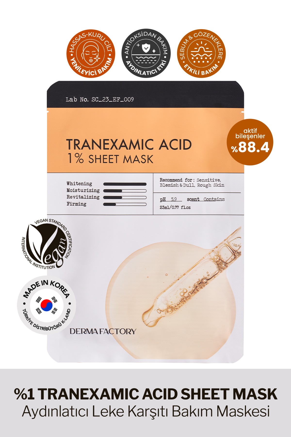 Leke Baskılayıcı ve Aydınlatıcı Tranexamic Acid, Glutatyon Kağıt Maske Derma Factory Sheet Mask