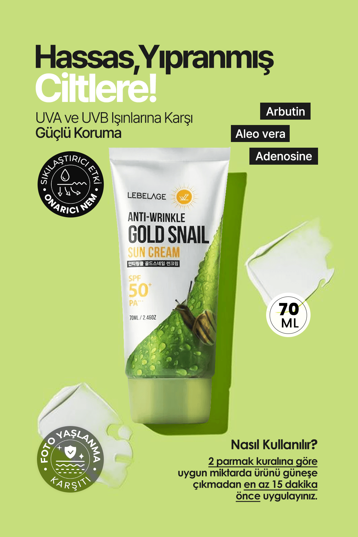 Leke ve Kırışıklık Karşıtı Salyangoz Özü İçeren Gold Snail Spf 50 + Güneş Kremi