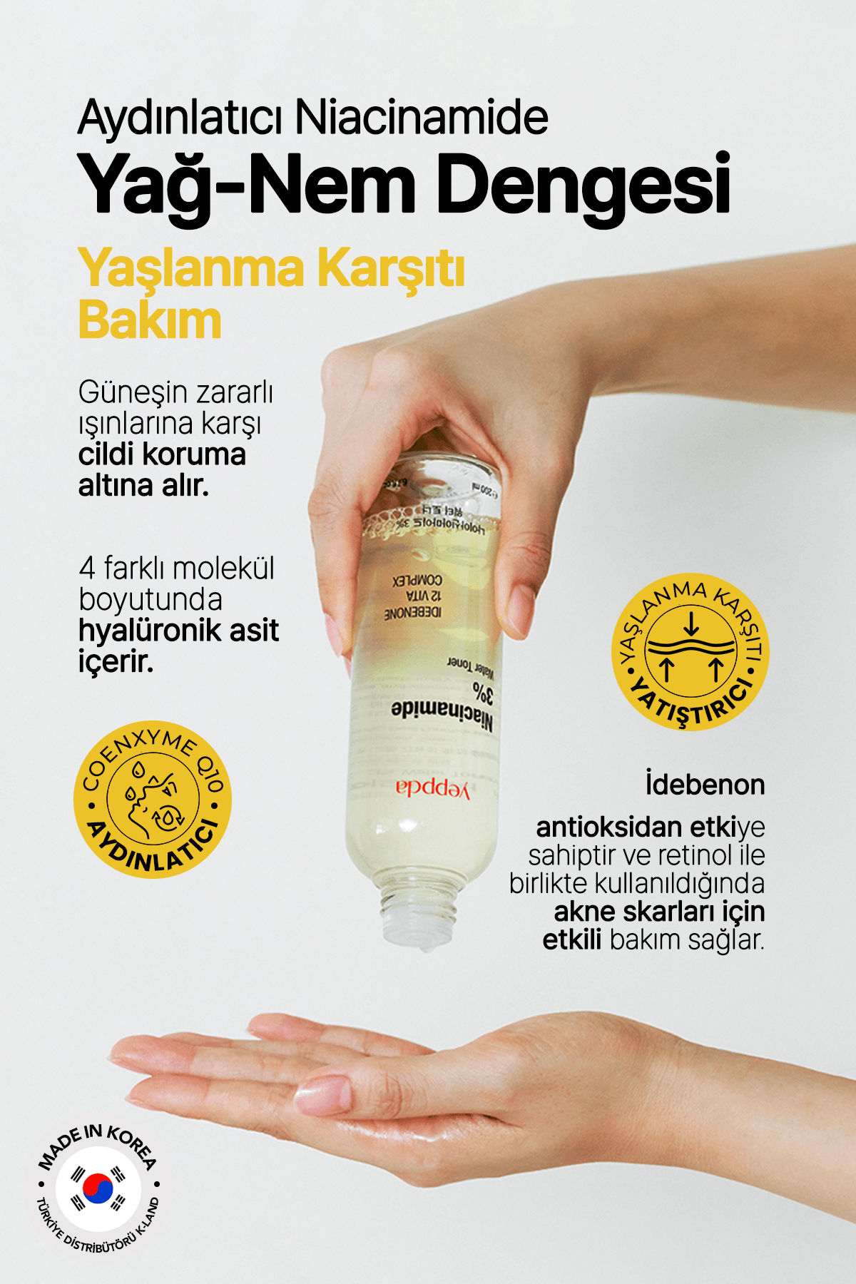 %3 Niacinamide İçeren Aydınlatıcı Vegan Tonik Yeppda Niacinamide %3 Water Toner 200ml