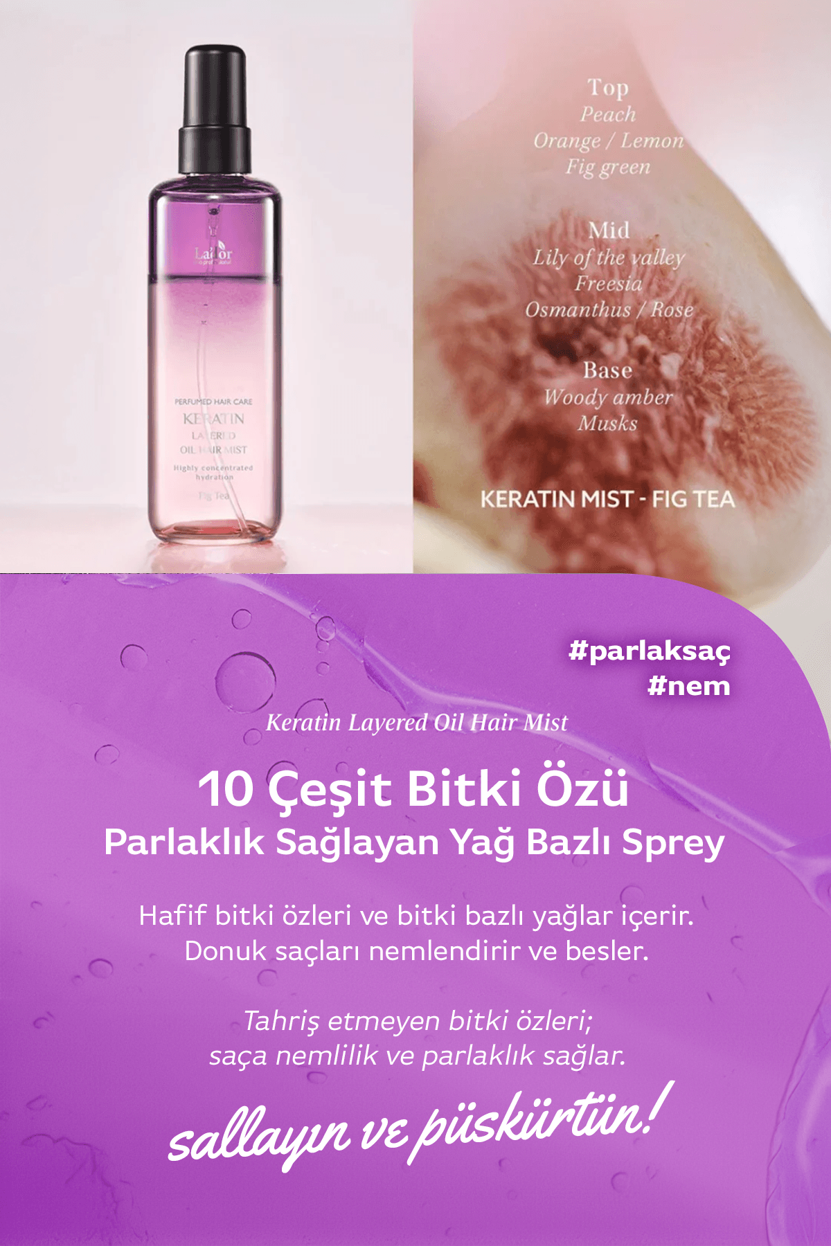 Keratin İçeren Nemlendirici ve Isı Koruyucu Onarıcı Saç Spreyi LADOR Keratin Oil Mist Fig