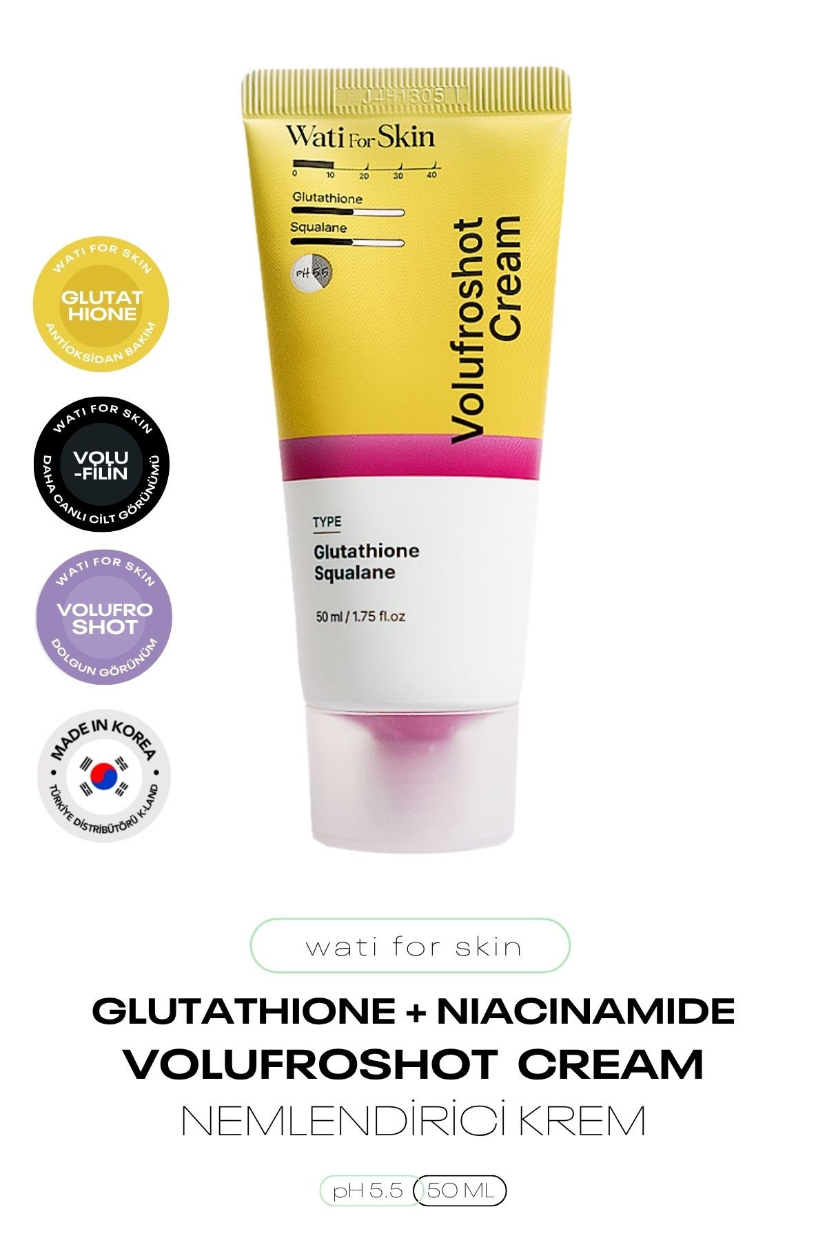 Glutatyon Skualen ve Volufilin İçeren Aydınlatıcı Nemlendirici Wati For Skin Glutathione Volufroshot