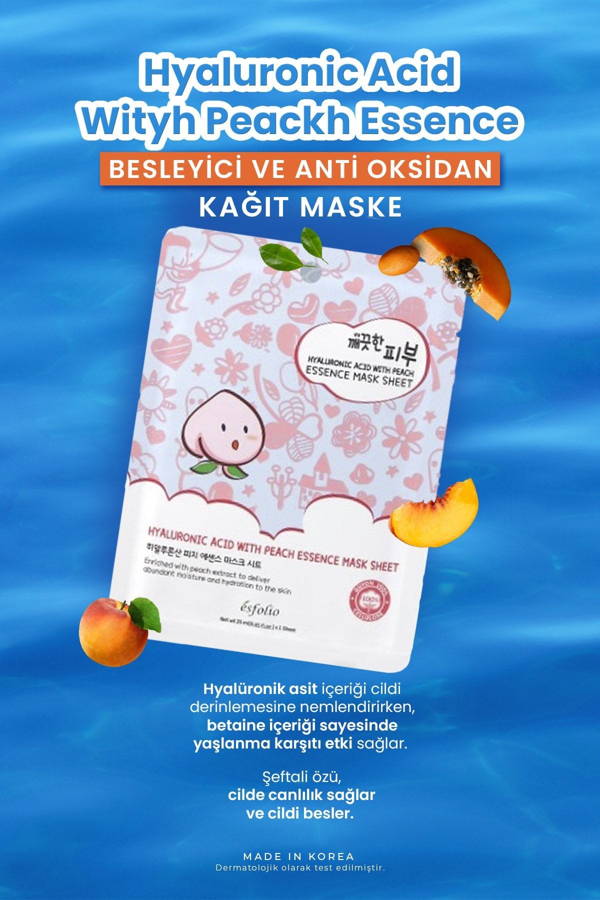 Hyalüronik Asit ve Şeftali İle Nemlendirici, Aydınlatıcı Kağıt Maske Esfolio mask