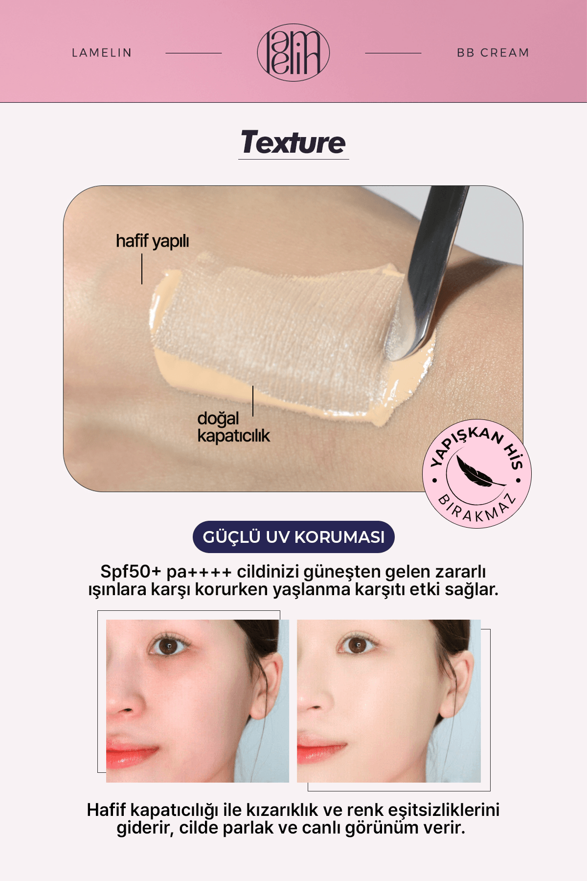 Retinol ve Bakuchiol İçeren Doğal Kapatıcı Parlak Bitişli Yaşlanma Karşıtı BB Krem Lamelin 50 ml