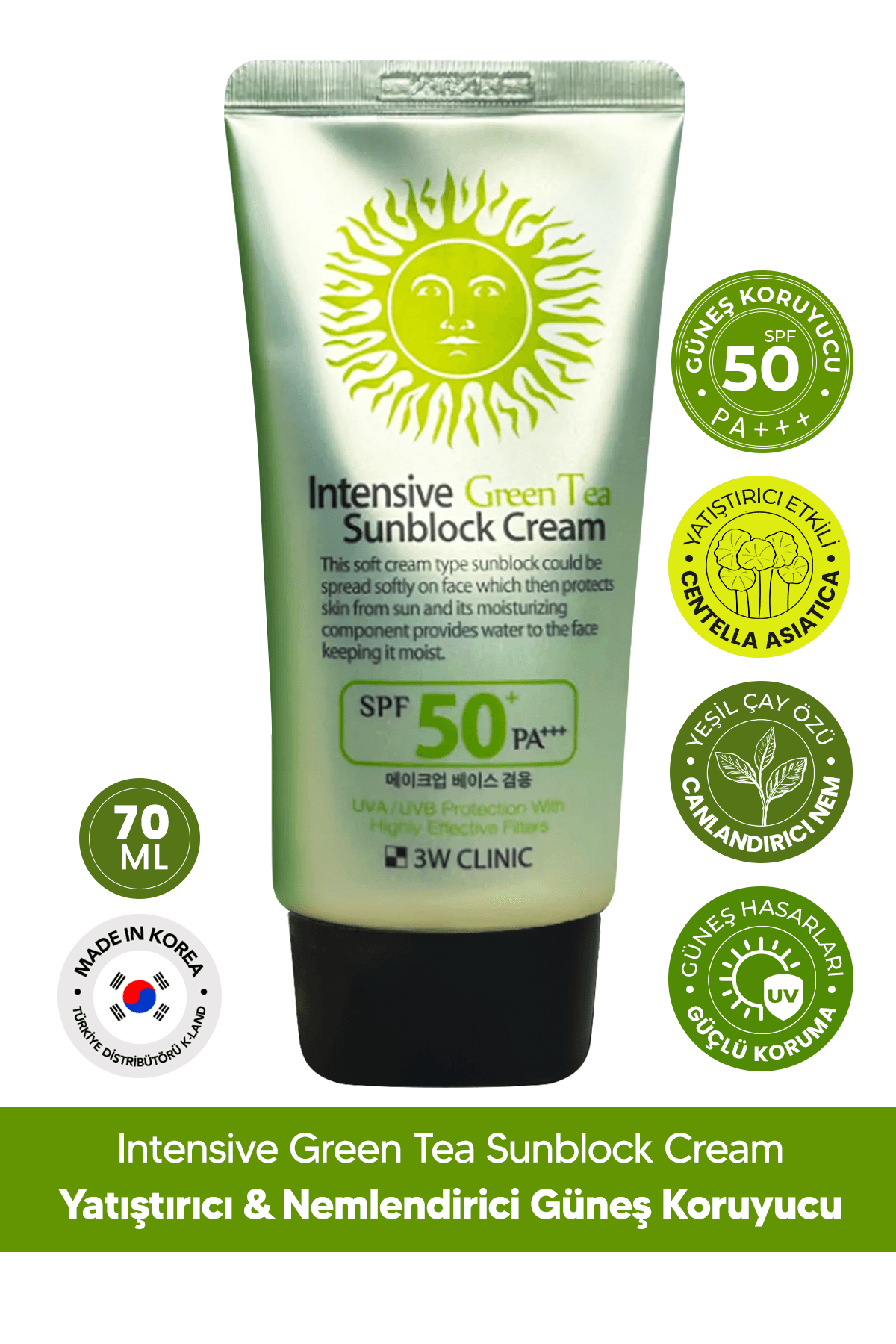 Yatıştırıcı ve Nemlendirici Yeşil Çay İçeren Büyük Boy Güneş Koruyucu 3w Clinic SPF 50+ PA +++ 70ml