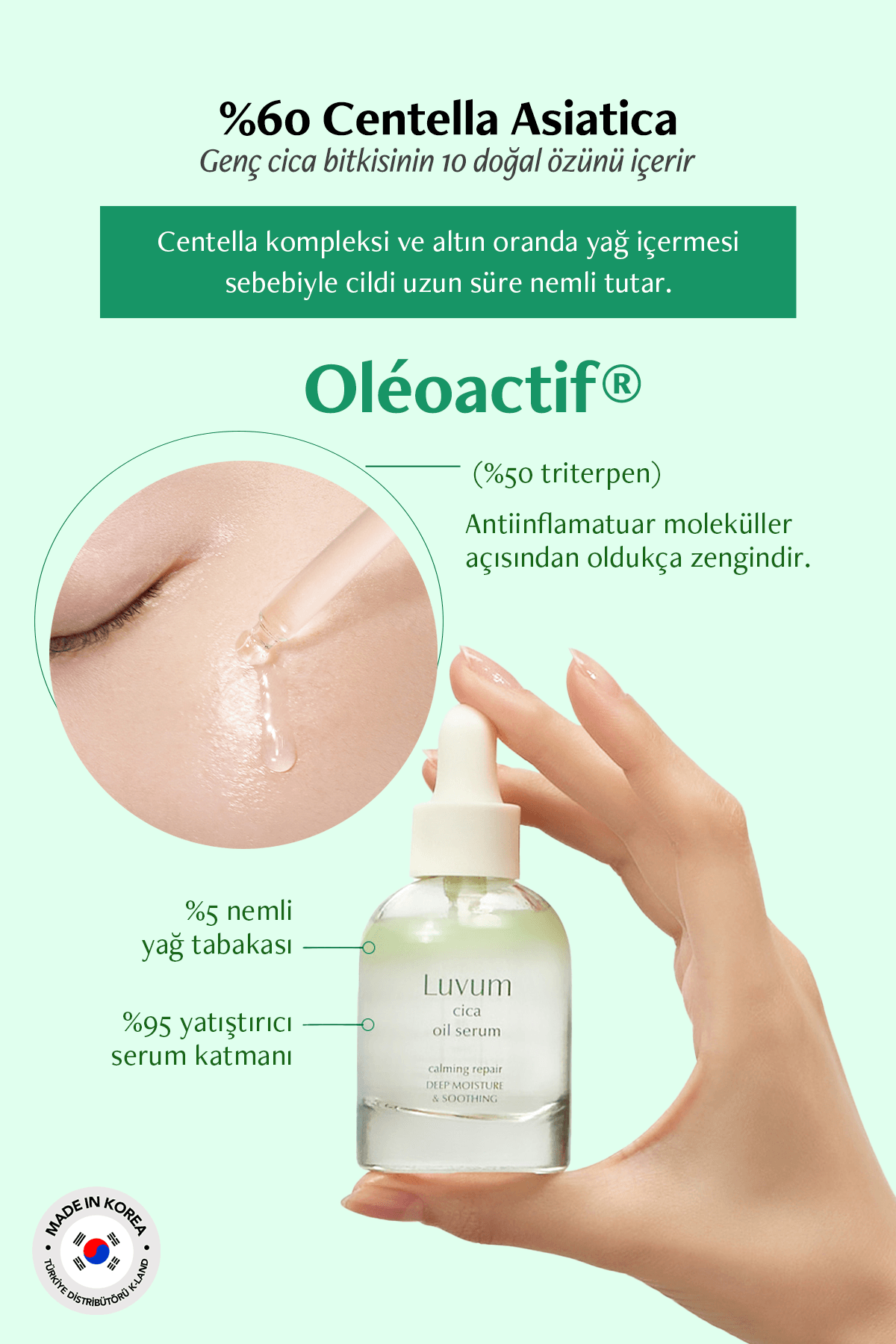 Nemlendirici ve Yatıştırıcı Cica Yağı İçeren Yüz Serumu LUVUM Cica Oil Serum