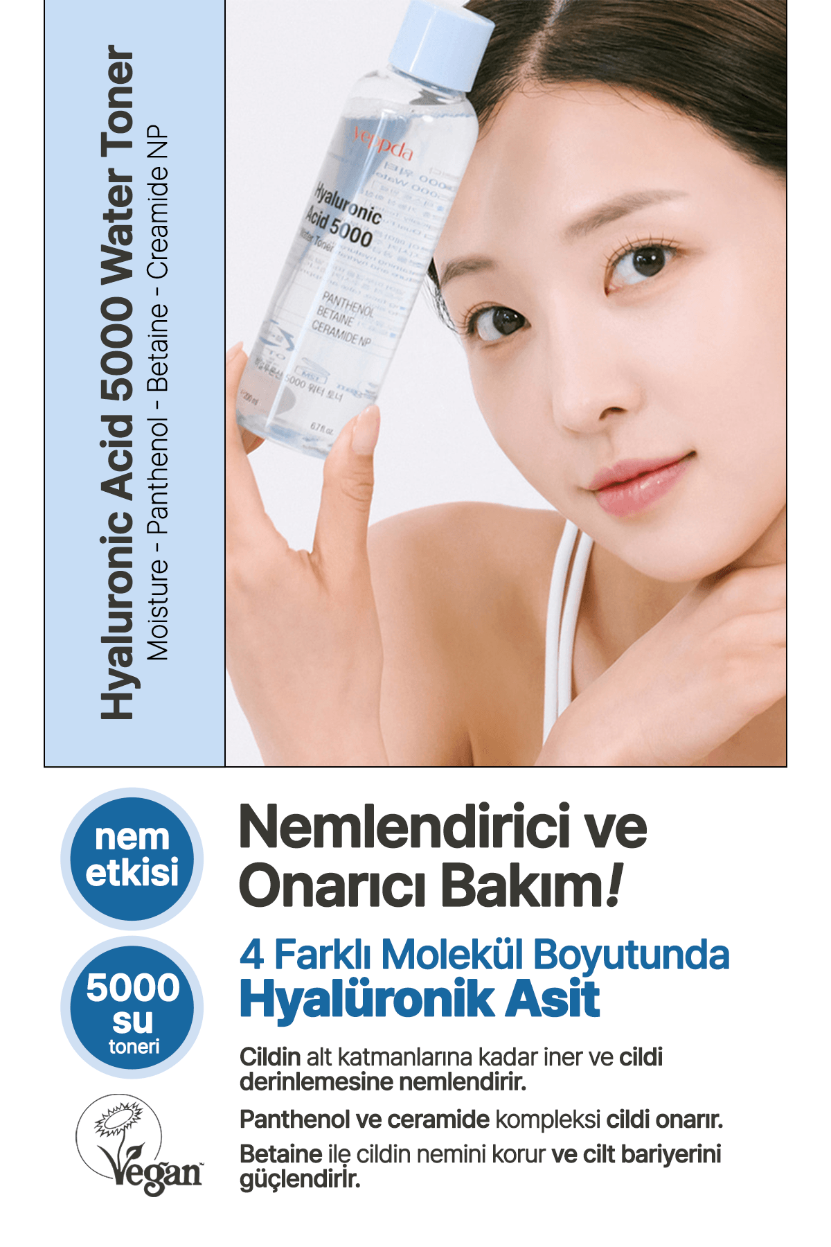 Nemlendirici Hyalüronik Asit İçeren Vegan Tonik Yeppda Hyaluronic Acid 5000 Water Toner 200ml