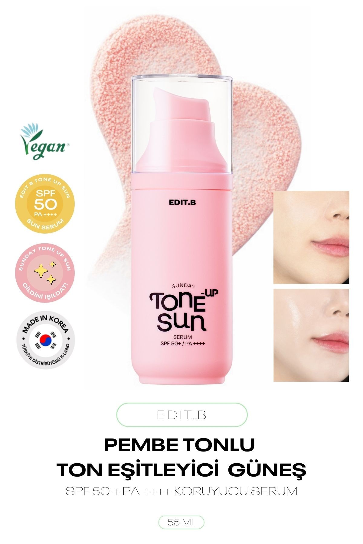 Ton Eşitleyici Pembe Tonlu Güneş Koruyucu Serum Edit.b Sunday Tone Up Sun Serum Pink 55ml
