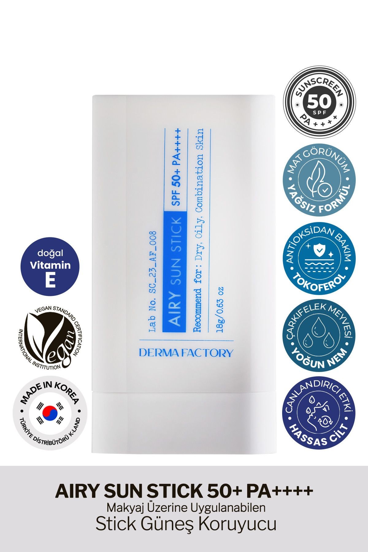 Yağlı ve Karma Ciltler İçin Mat Stick Güneş Koruyucu Derma Factory Airy Sun Stick SPF 50+ PA++++