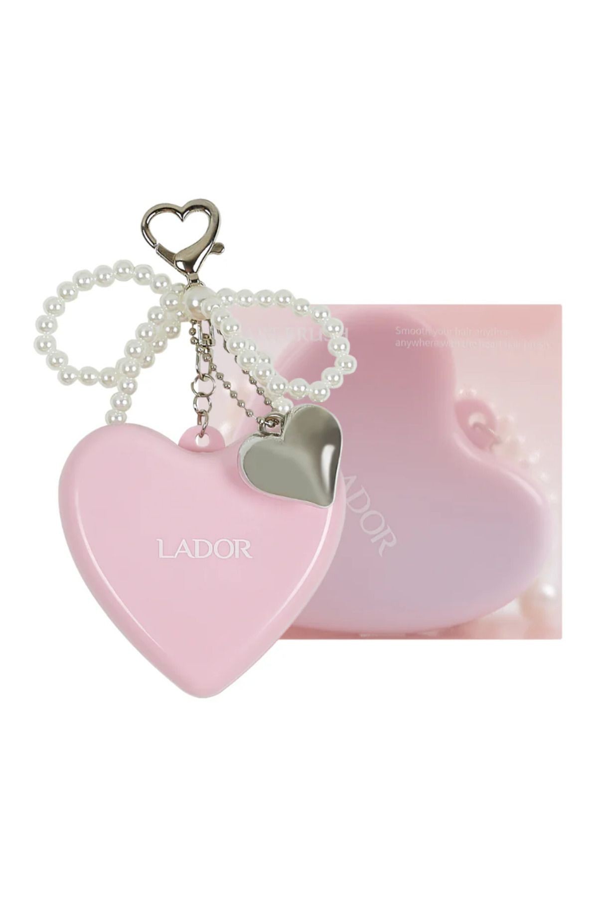 Aynalı ve Charmlı Katlanabilir Tarak Anahtarlık Lador Heart Brush Pink