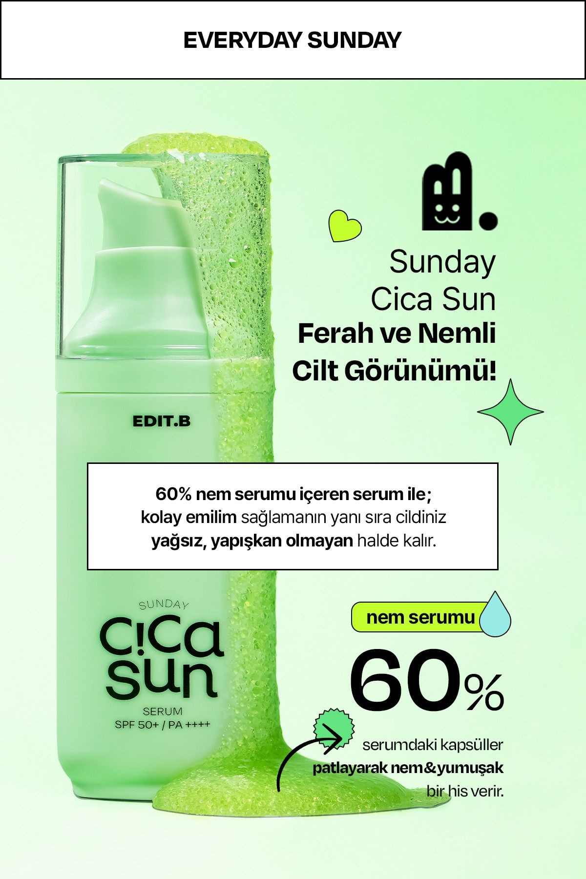 Cica ve Hyalüronik Asit İçeren Nemlendirici SPF50+ Güneş Korumalı Yatıştırıcı EDIT.B Sun Serum 55 ML