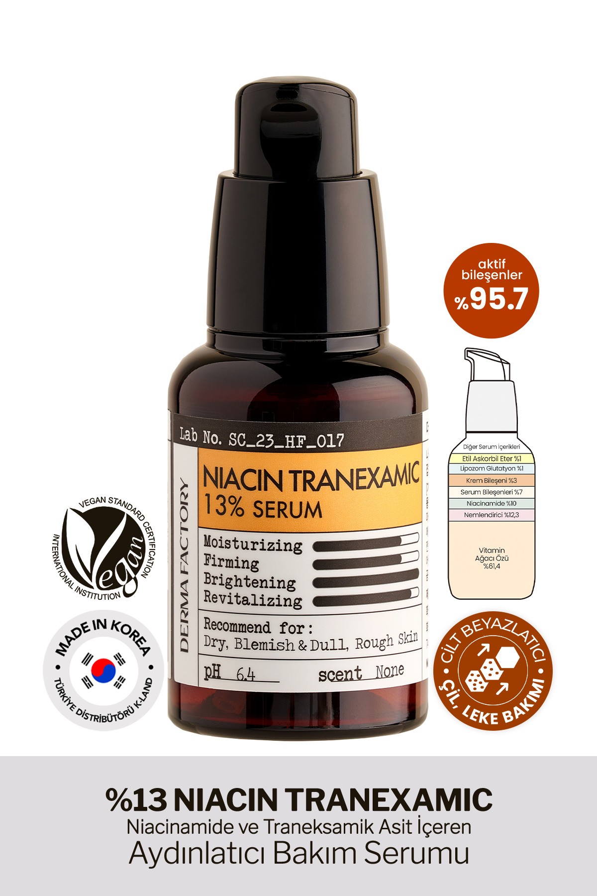 Niacinamide ve Tranexamic Acid, Aydınlatıcı Serum DERMA FACTORY Niacin Tranexamic Acid Serum %13