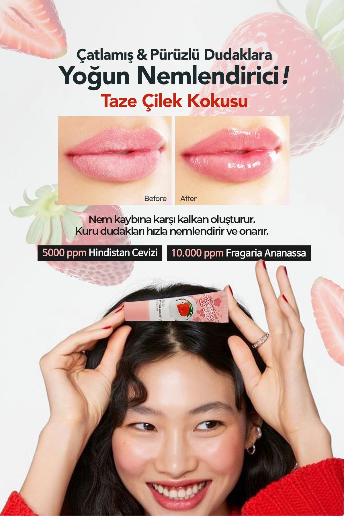 Hindistan Cevizi ve Çilek İçeren Onarıcı Dudak Balmı Esfolio Coconut Strawberry Lip Balm