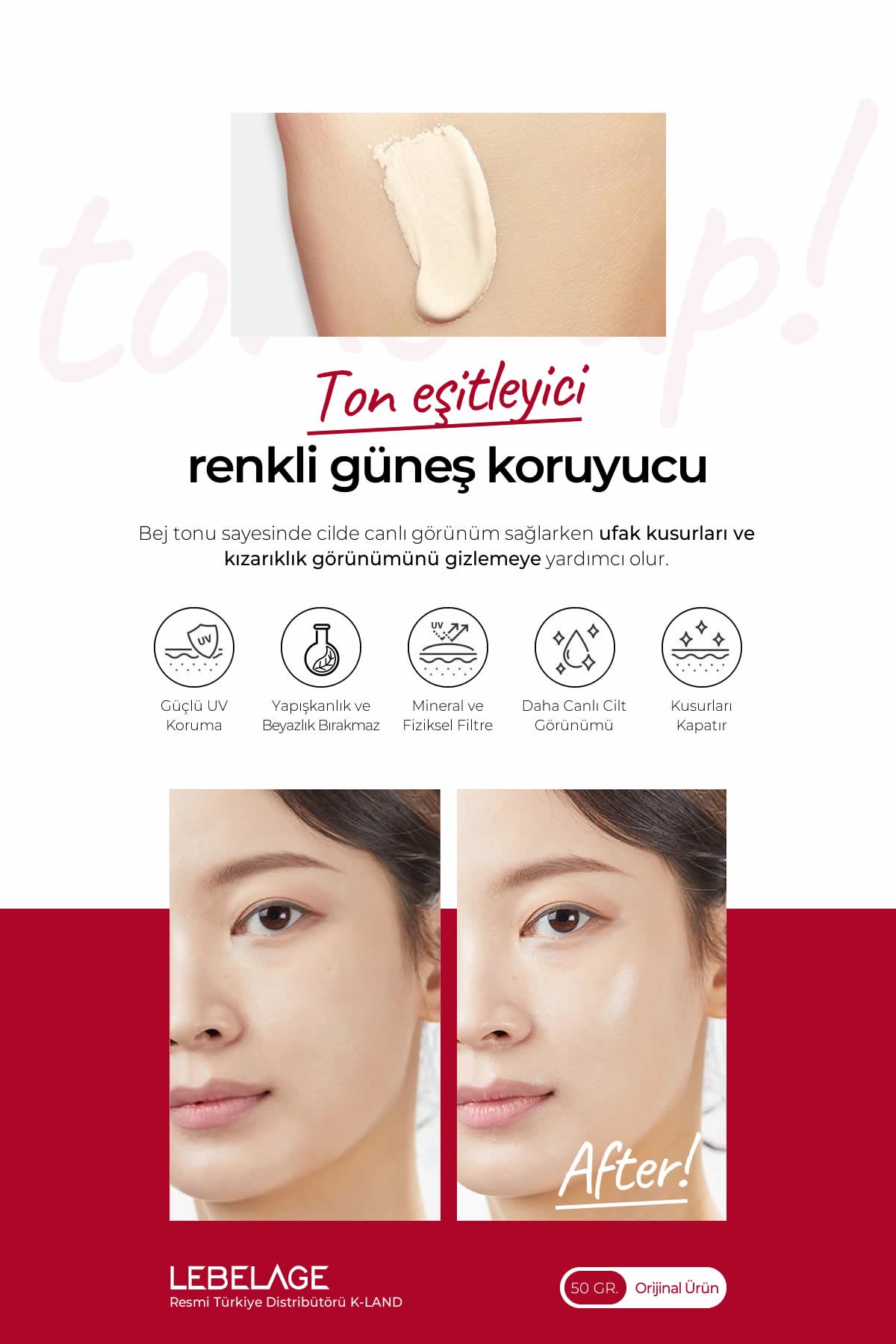 Ton Eşitleyici Renkli Güneş Koruyucu LEBELAGE Tone Up Sun SPF 50+ PA++++