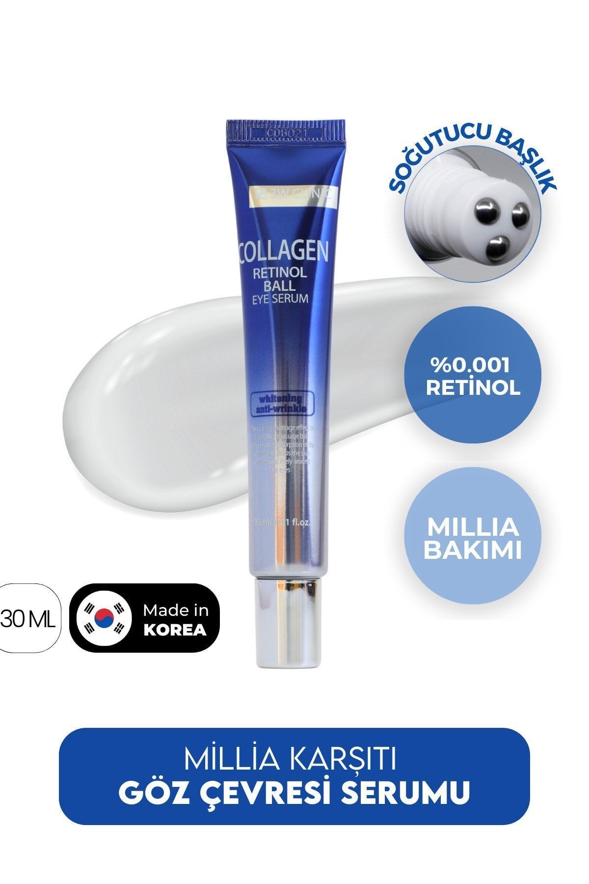 Millia Yağ Bezesi Karşıtı Soğutucu başlık Retinol Göz Serumu 3W Clinic Collagen Retinol Eye Serum