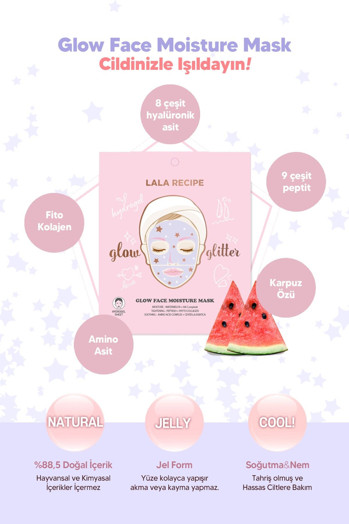 Nemlendirici ve Aydınlatıcı Cam Cilt Glitter Maske LALARECIPE Glow Moisture Mask