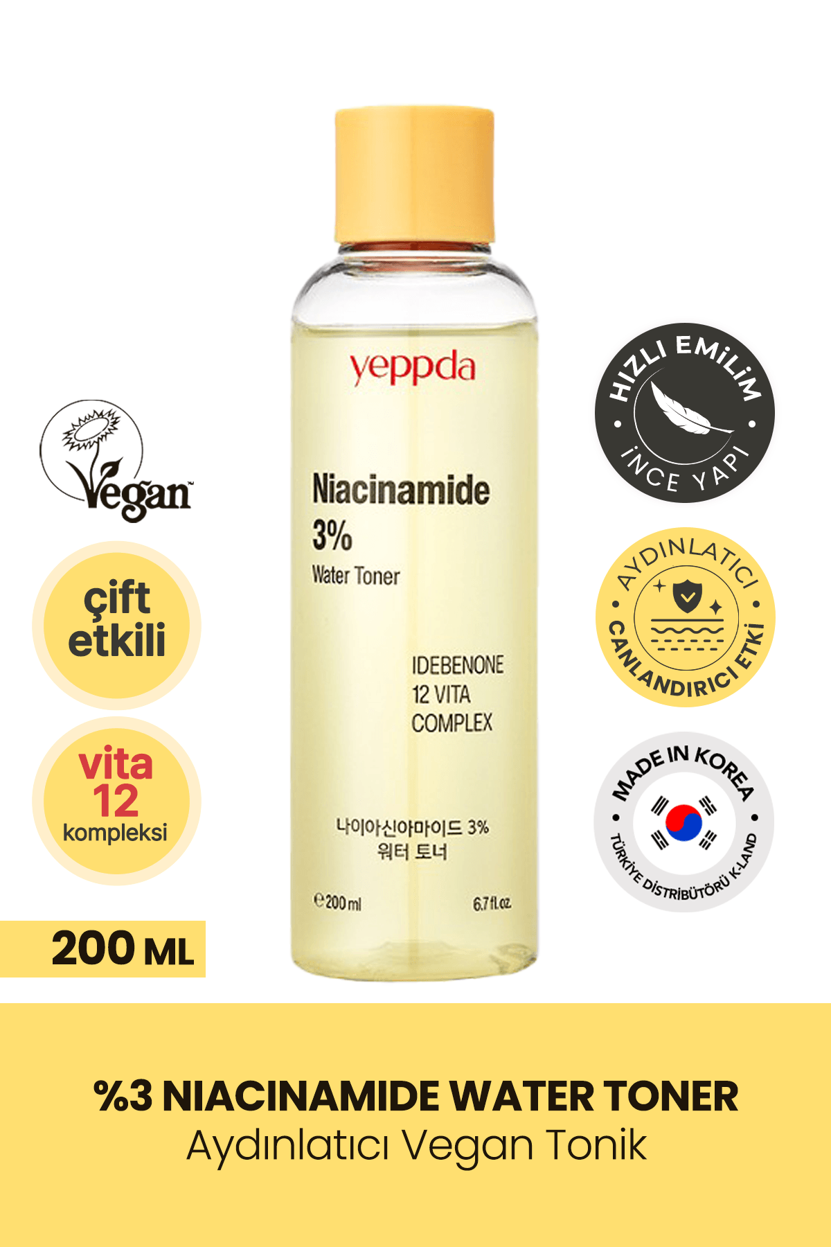 %3 Niacinamide İçeren Aydınlatıcı Vegan Tonik Yeppda Niacinamide %3 Water Toner 200ml