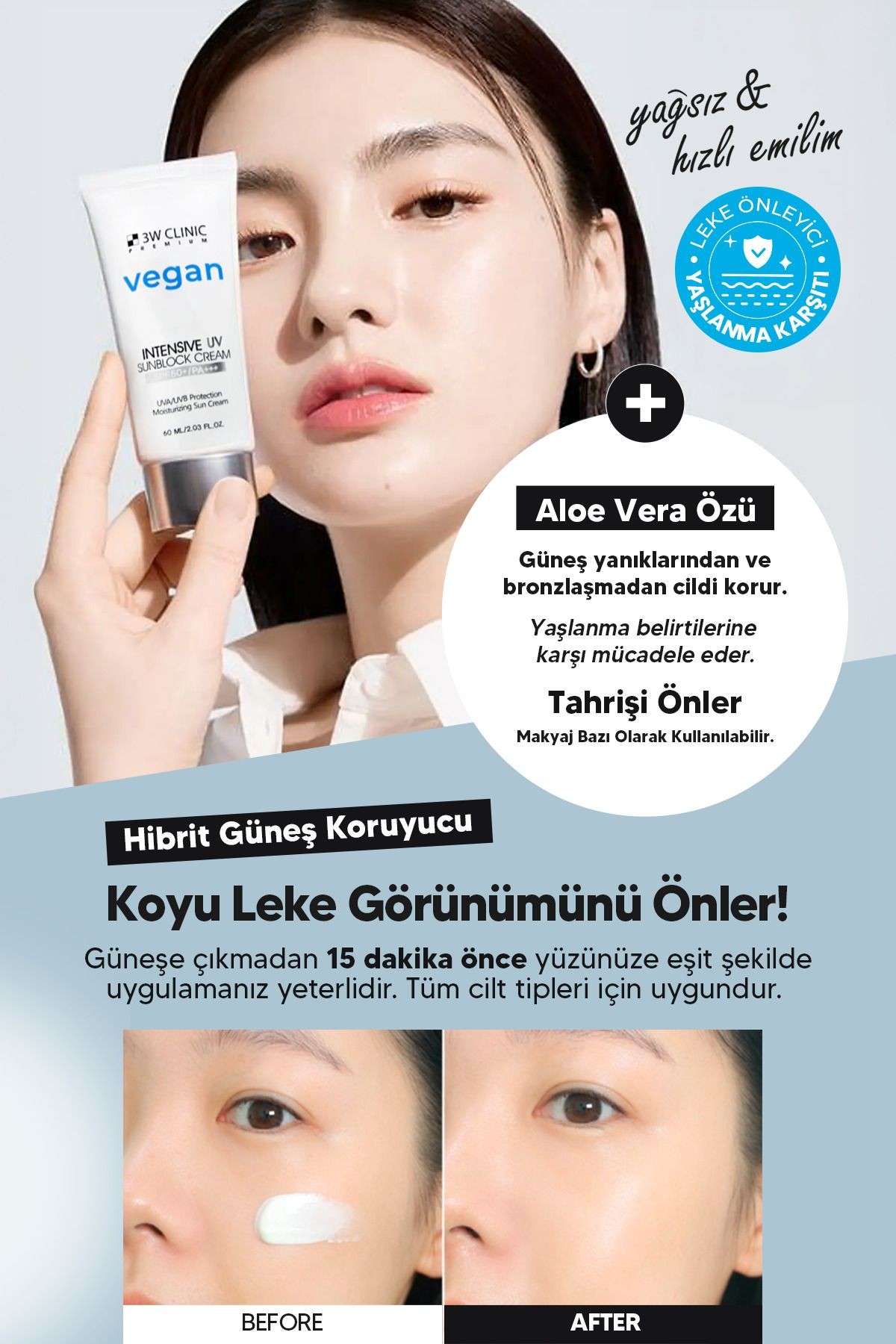 Yoğun Nemlendirme Etkili Vegan Hibrit Güneş Kremi SPF 50 PA +++ 3W CLINIC Premium Vegan UV Sun 60ml