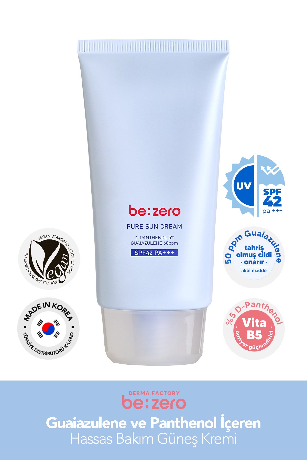 Hassas Ciltler İçin Azulen ve Panthenol İçeren Güneş Kremi Derma Factory Be Zero Pure Sun Cream 80GR