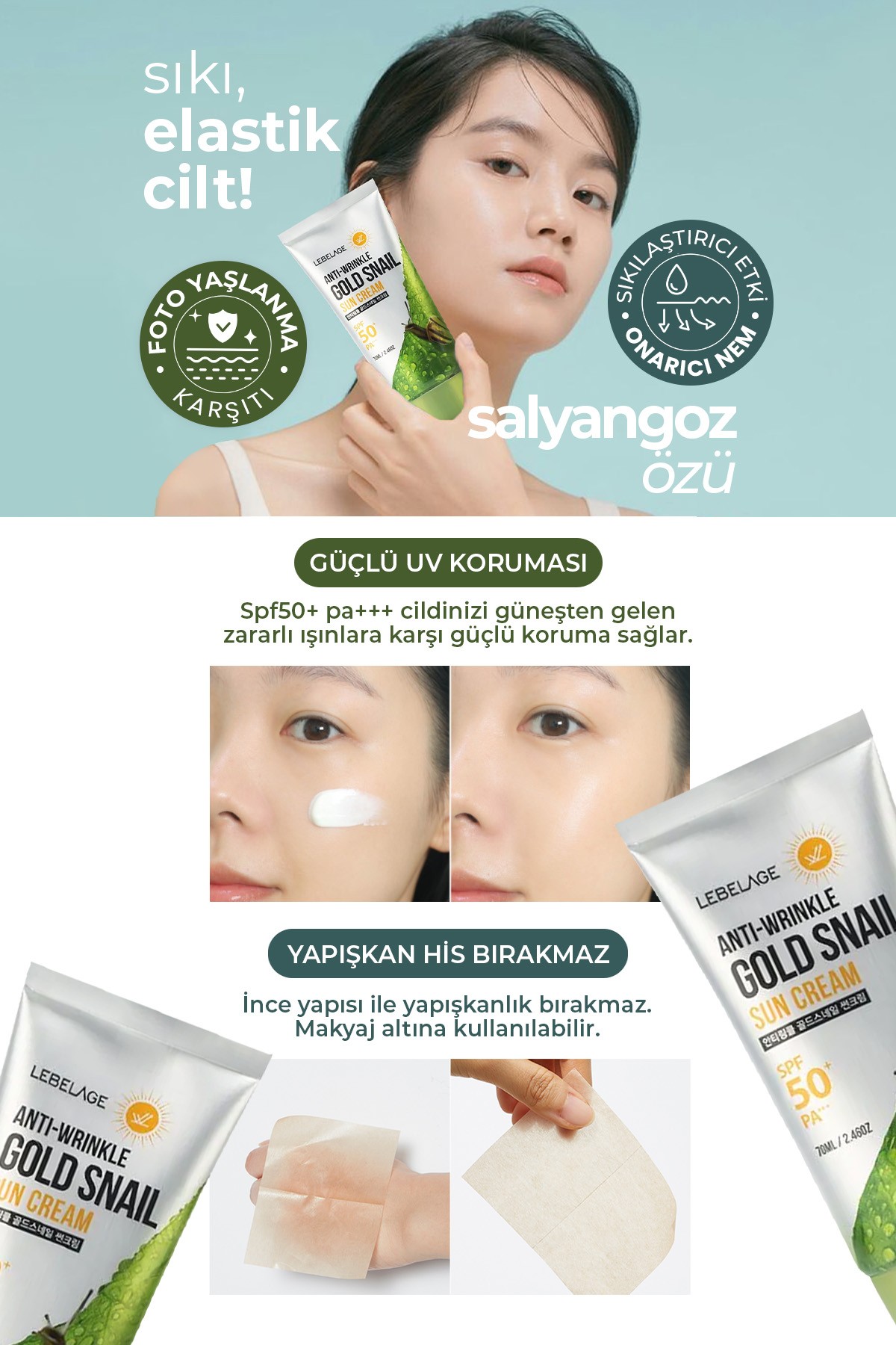 Leke ve Kırışıklık Karşıtı Salyangoz Özü İçeren Gold Snail Spf 50 + Güneş Kremi
