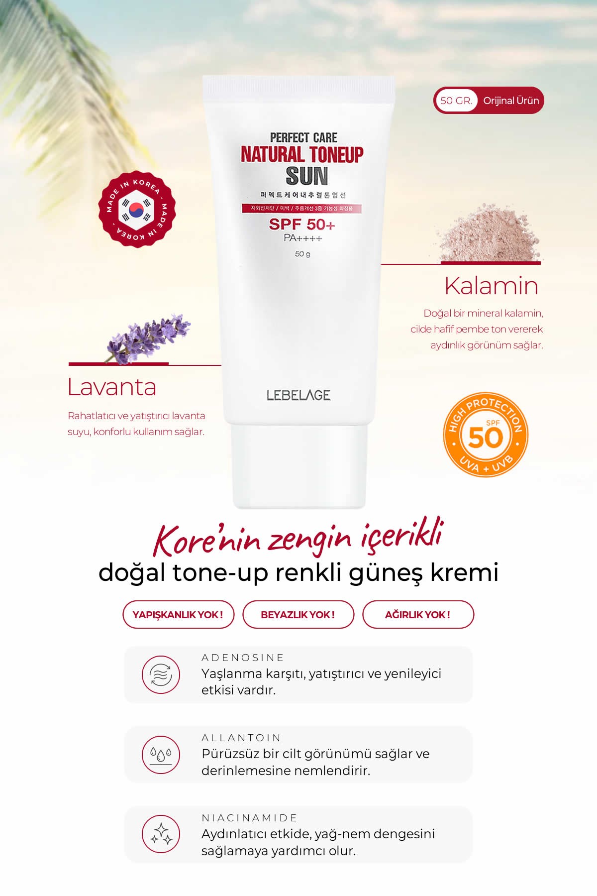 Ton Eşitleyici Renkli Güneş Koruyucu LEBELAGE Tone Up Sun SPF 50+ PA++++