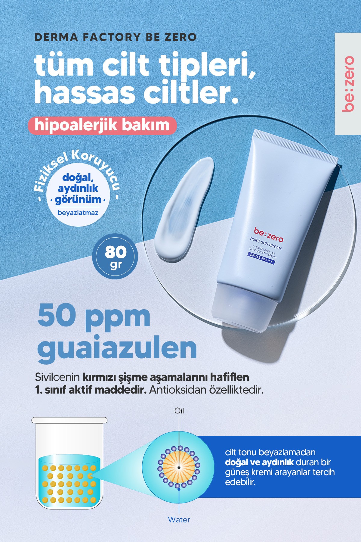 Hassas Ciltler İçin Azulen ve Panthenol İçeren Güneş Kremi Derma Factory Be Zero Pure Sun Cream 80GR