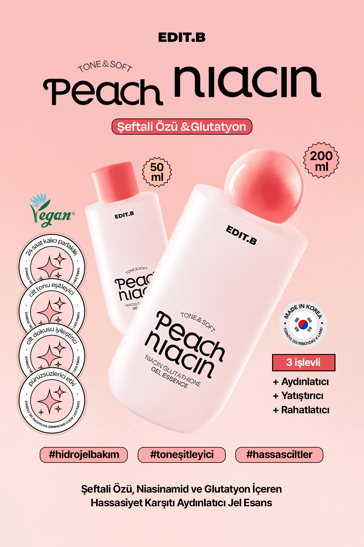 Niasinamid ve Glutatyon İçeren Aydınlatıcı Jel Esans Edit.b Peach Niacin Glutathione Gel