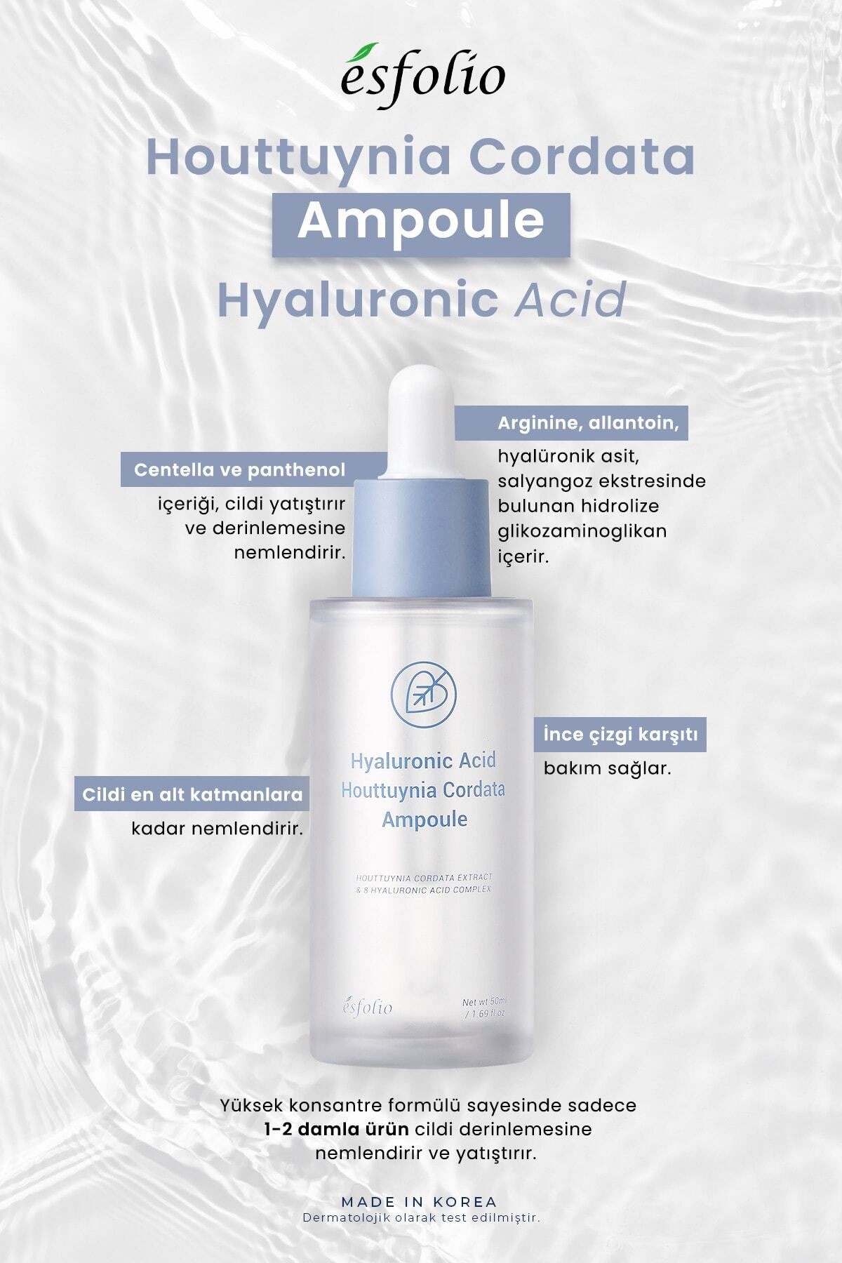 8 Farklı Hyalüronik Asit İçeren Serum esfolio Hyaluronic Acid Houttuynia Cordata Ampoule 50ml