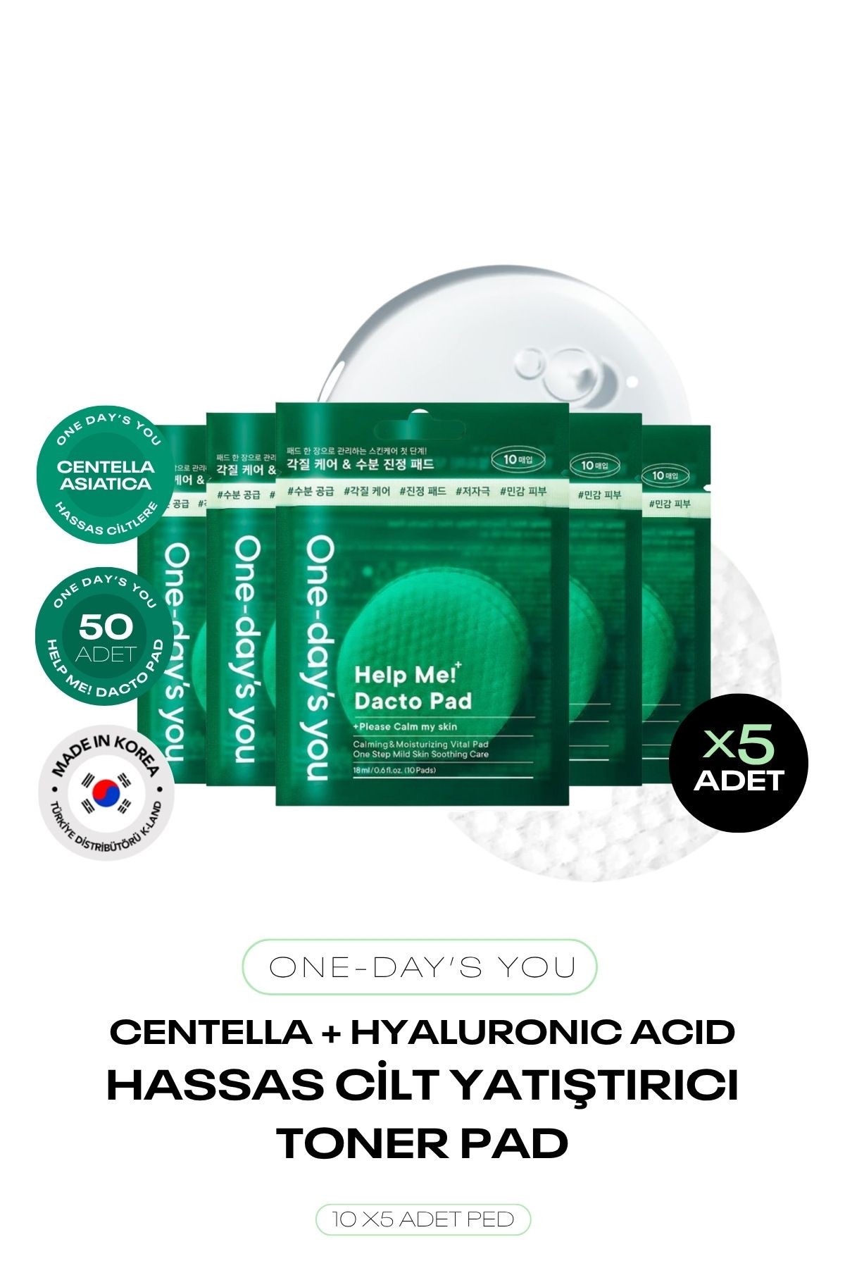 Centella ve Hyalüronik Asit İçeren Tonik Ped Seti One Days You Dacto Pad 50 Adet Ped