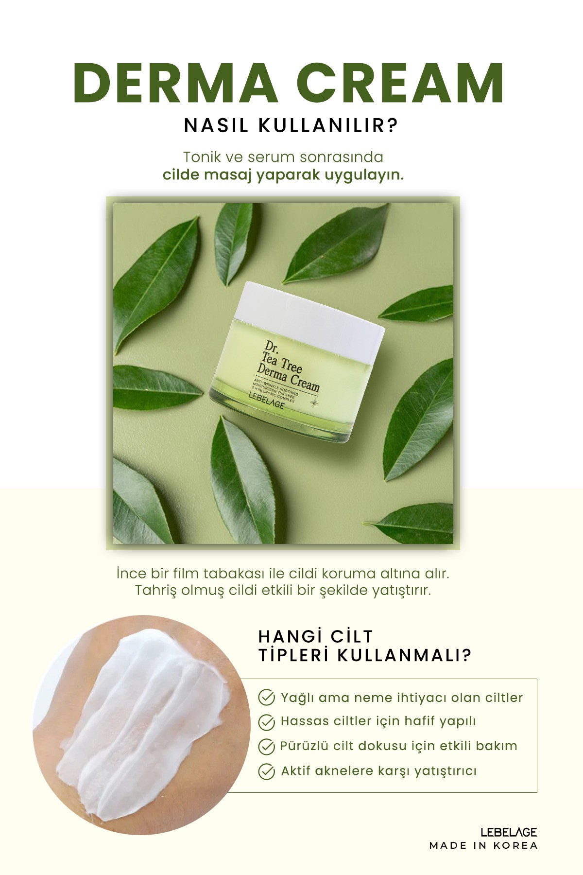 Çay Ağacı ile Akne Karşıtı Nemlendirici Yüz Kremi Lebelage Dr Tea Tree Derma Skin Cream
