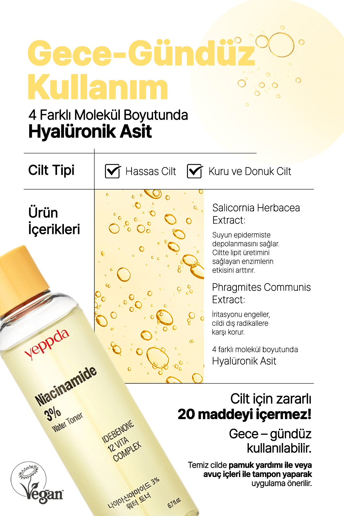 %3 Niacinamide İçeren Aydınlatıcı Vegan Tonik Yeppda Niacinamide %3 Water Toner 200ml