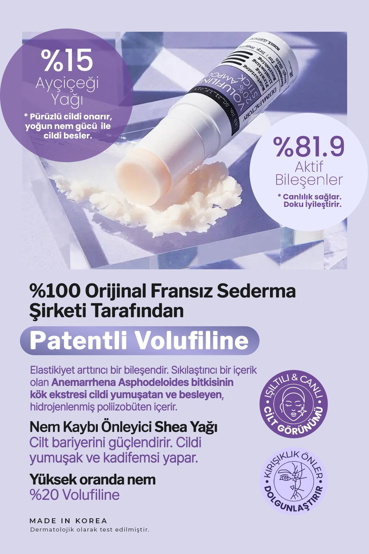 %20 Volufilin İçeren Dolgunlaştırıcı, Anti Aging Stick Derma Factory Volufiline Ampoule Stick